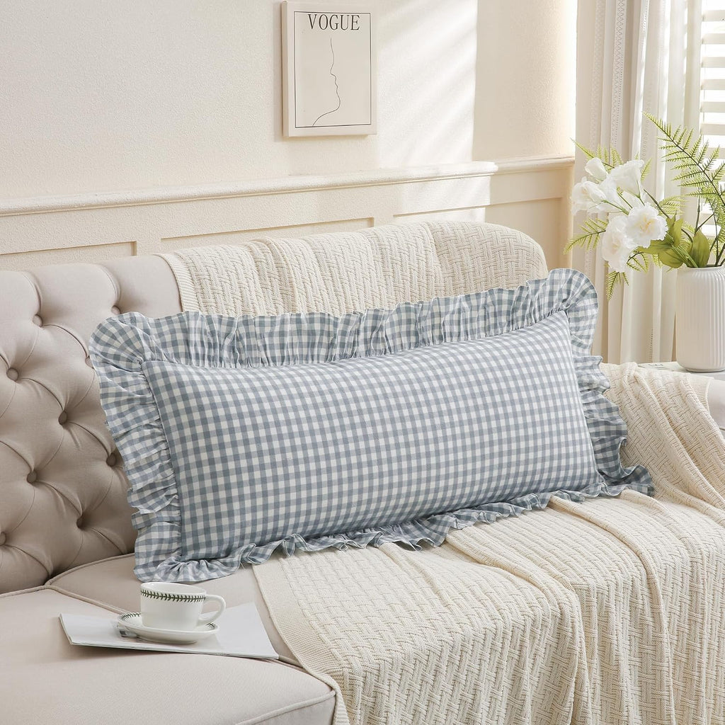 Qilunn Light Blue/White Ruffled Long Lumbar Gingham Pillow Sham 14x36 inches 1 Piece, Pure Cotton Decor Pillowcase Farmhouse Vintage Cushio…