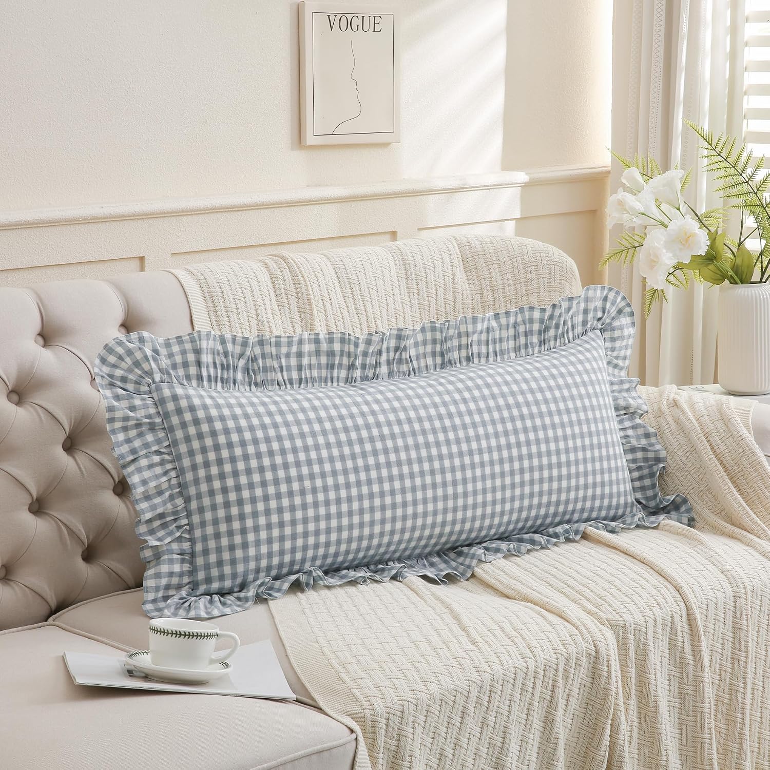Qilunn Light Blue/White Ruffled Long Lumbar Gingham Pillow Sham 14x36 inches 1 Piece, Pure Cotton Decor Pillowcase Farmhouse Vintage Cushio…