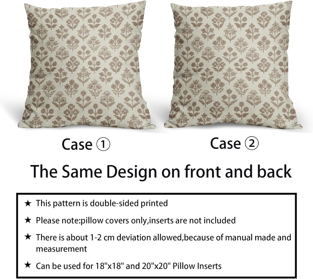 Brown Floral Pillow Covers 20x20 Inch Set of 2, Vintage Flower Block Print Pattern Decorative Throw Pillowcases Outdoor Farmhouse Cushion…