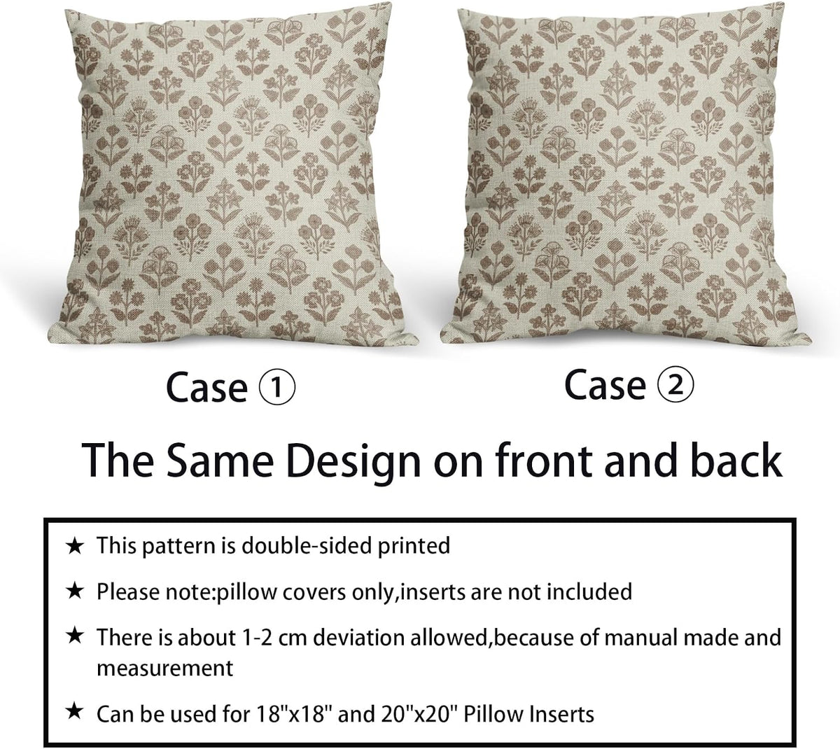 Brown Floral Pillow Covers 18x18 Inch Set of 2, Vintage Flower Block Print Pattern Decorative Throw Pillowcases Outdoor Farmhouse Cushion…