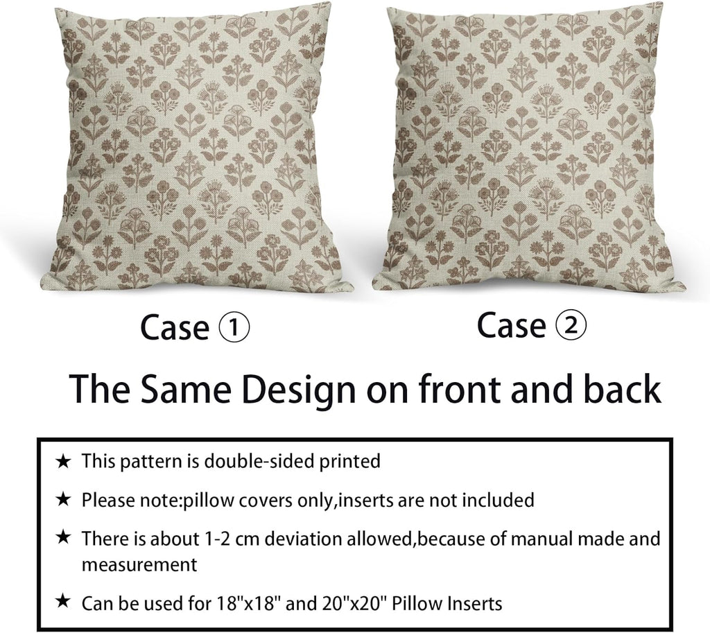 Brown Floral Pillow Covers 16x16 Inch Set of 2, Vintage Flower Block Print Pattern Decorative Throw Pillowcases Outdoor Farmhouse Cushion…