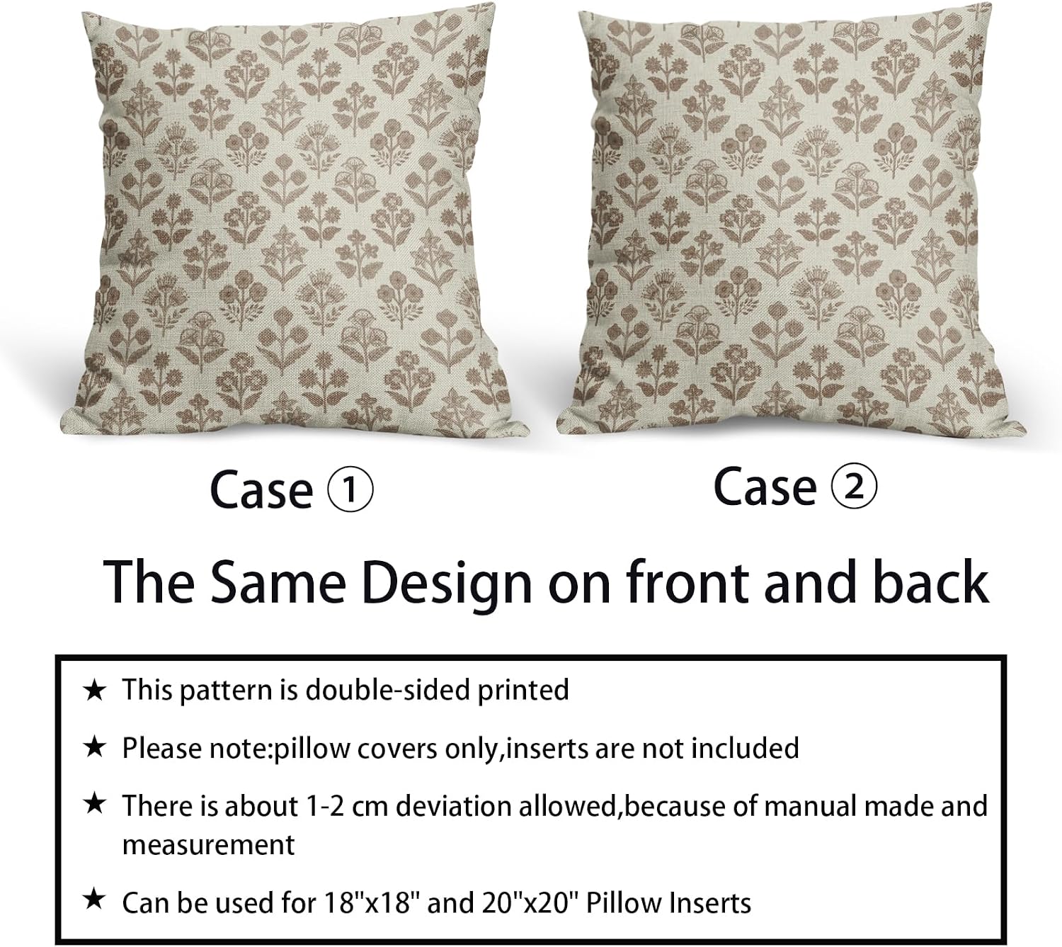 Brown Floral Pillow Covers 22x22 Inch Set of 2, Vintage Flower Block Print Pattern Decorative Throw Pillowcases Outdoor Farmhouse Cushion…