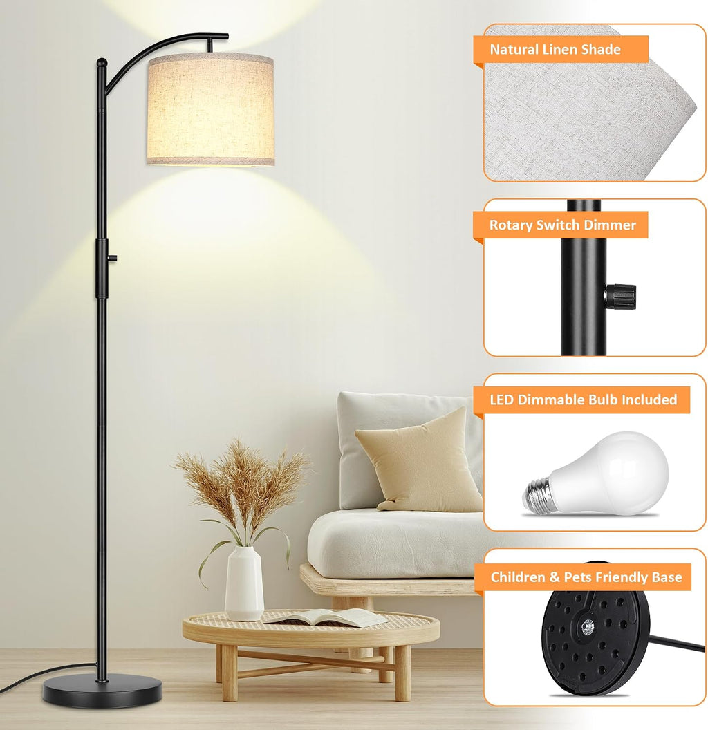 ROTTOGOON Dimmable Floor Lamp, Arc Floor Lamps for Living Room, Stepless Dimming Modern Standing Lamp with Linen Shade, Tall Lamp for…