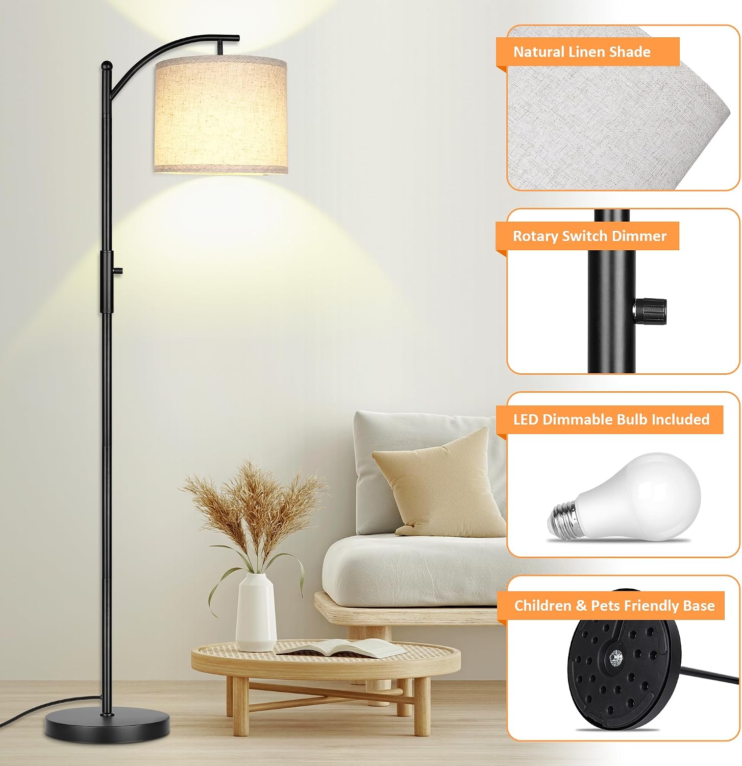 ROTTOGOON Dimmable Floor Lamp, Arc Floor Lamps for Living Room, Stepless Dimming Modern Standing Lamp with Linen Shade, Tall Lamp for…