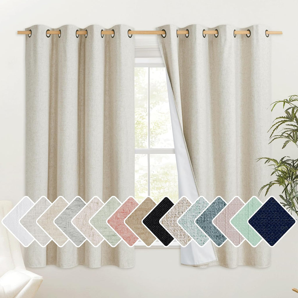NICETOWN Natural Linen Curtains 45" Long with Noise Reducing for Small Window, 52" Wide, 2 PCs, Complete Blackout Drapes, Thermal…
