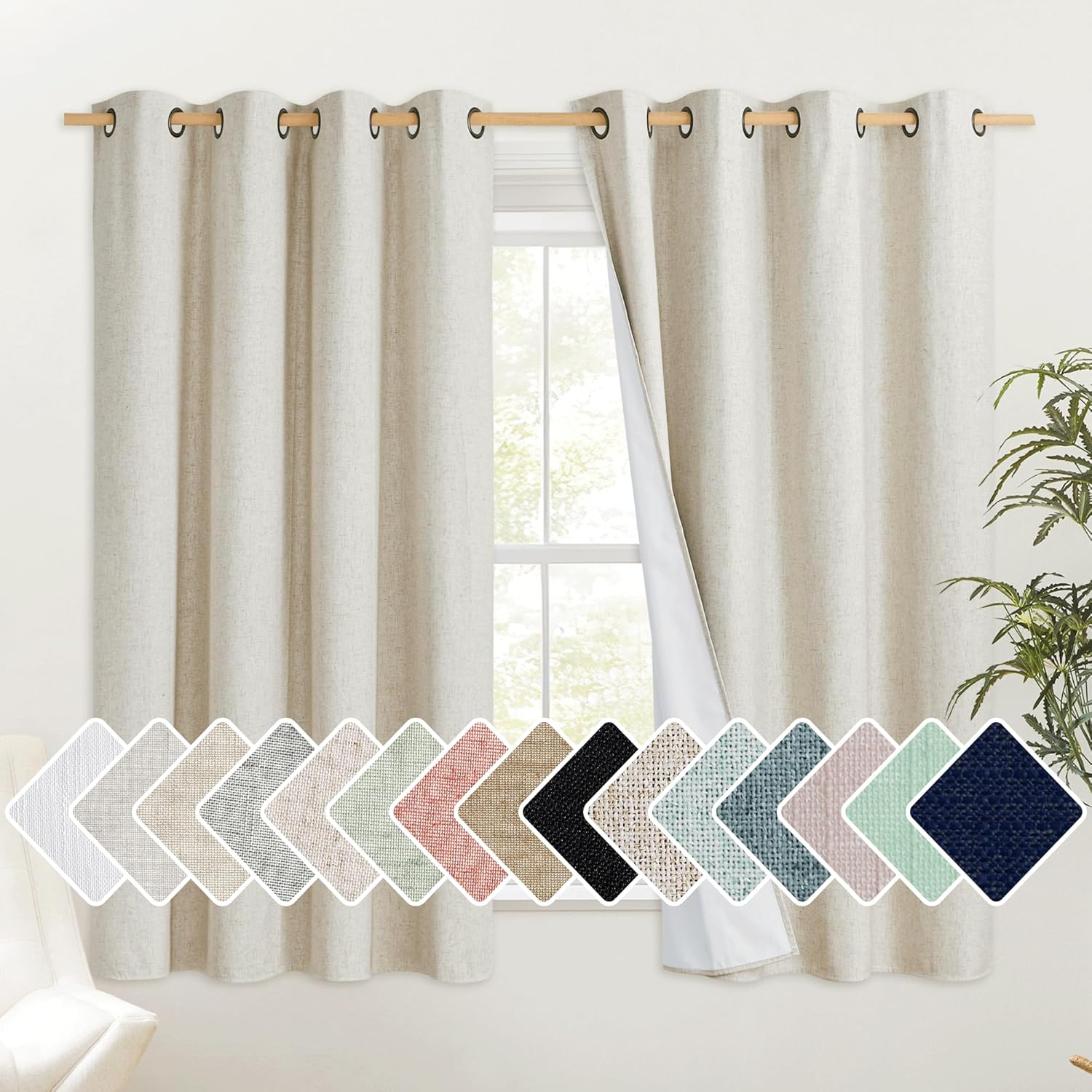 NICETOWN Natural Linen Complete Blackout Cold Reducing Curtains 48 inches for Kids Room, 2 Panels, Thermal Insulated & Noise Reducing…