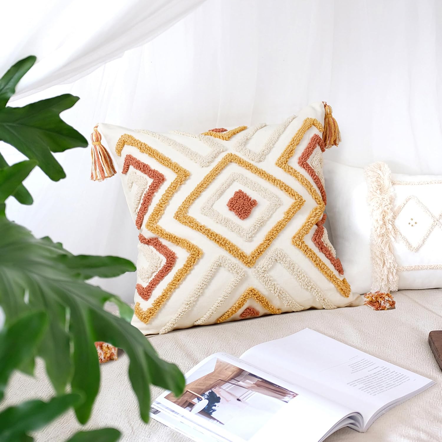 Loopuinhom Boho Pillow Covers 18X18 Inch Boho Tufted Throw Pillow Covers Decorative Tassels Cushion Cover Farmhouse Pillow Case for Couch S…