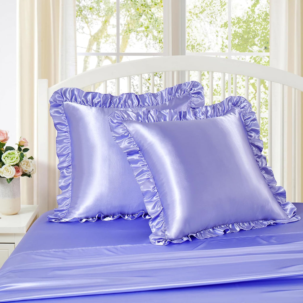 Homiest Ruffle Euro Sham Covers 26x26 Inch Set of 2, Lavender Satin Pillow Shams with 3 Inch Wide Decorative Ruffled, European Square…