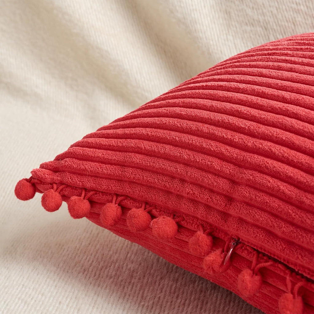 Fancy Homi 1 Pack Red Long Lumbar Body Decorative Throw Pillow Covers 20x54 Inch with Pom-poms for Couch Sofa Bed, Farmhouse Boho Rustic…