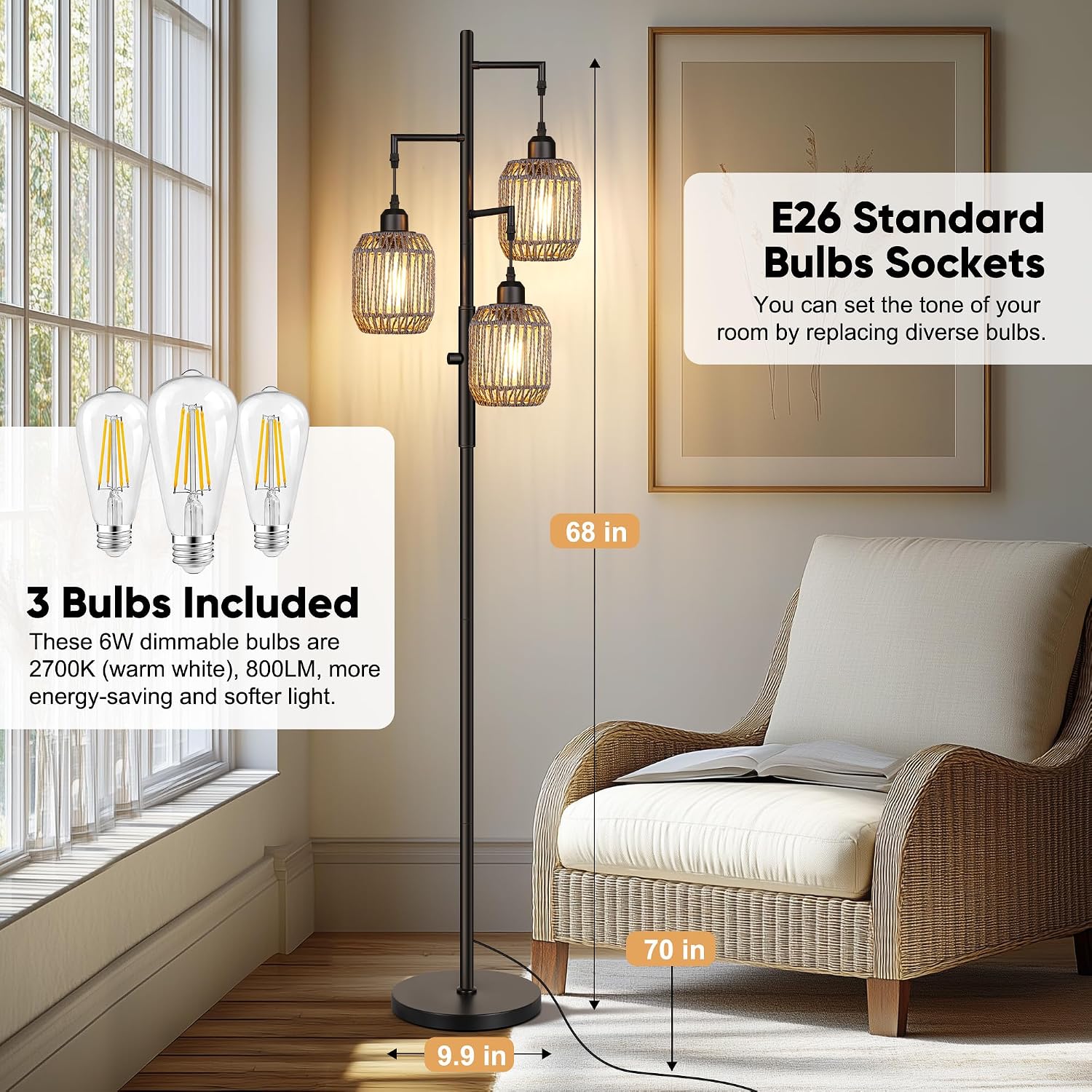 ROTTOGOON Dimmable Boho Floor Lamp - 3 Light Farmhouse Rattan Floor Lamp for Living Room, Industrial Tree Floor Lamps with 3 X 6W LED…
