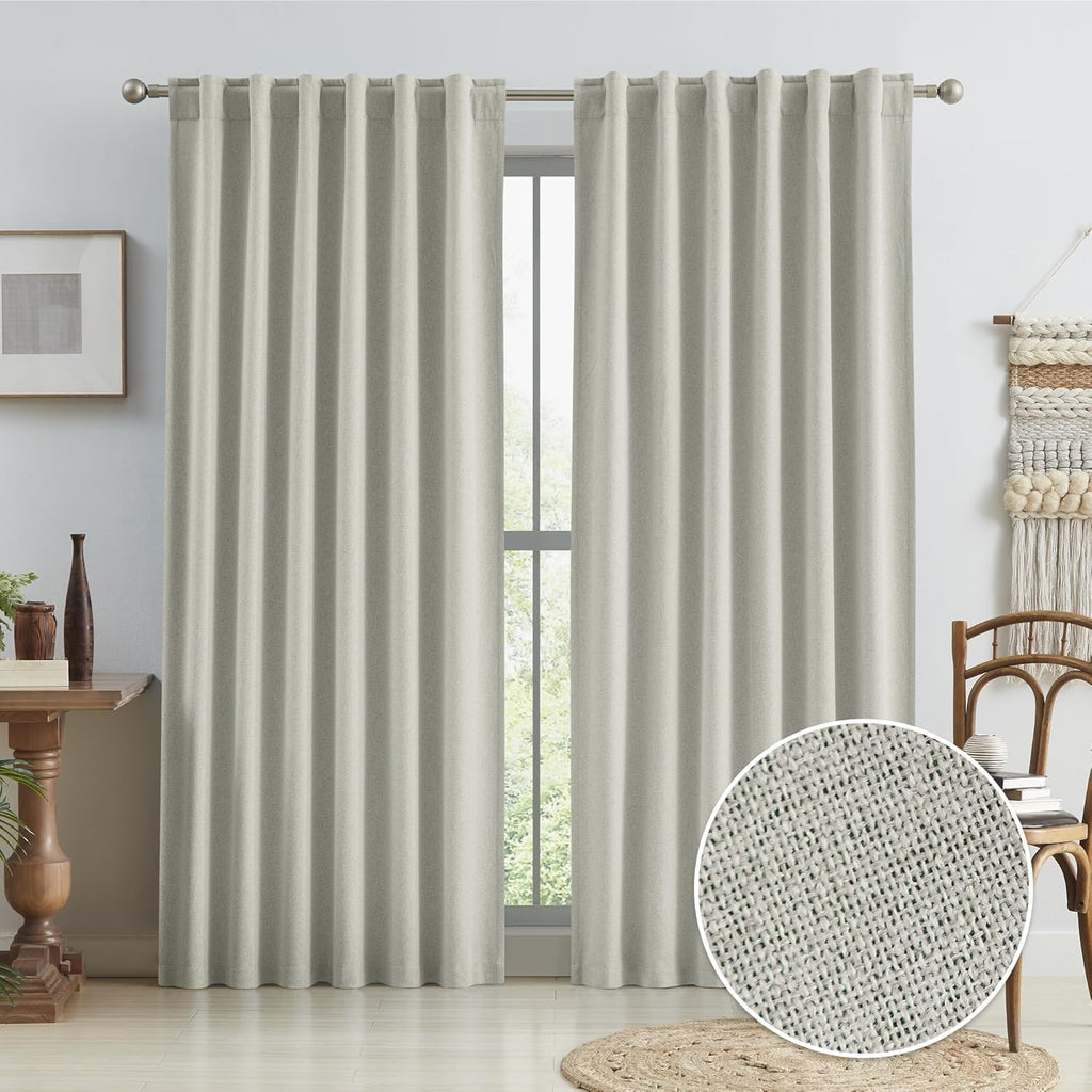 Keqiaosuocai 96 Inch Linen Textured Curtains 2 Panels Set, Greyish Beige Blackout Curtains for Dining Living Room, Back Tab Loop Pleated Tr…