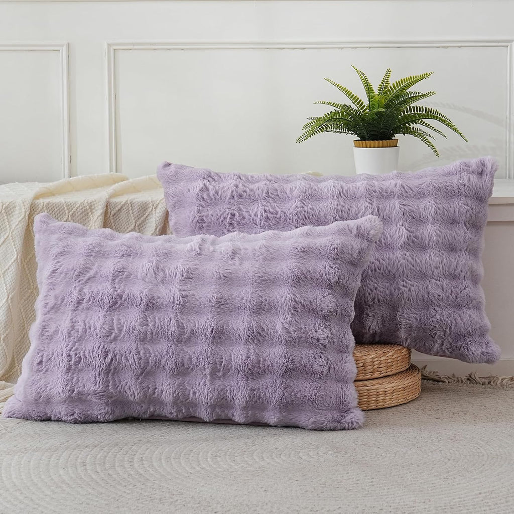 Chumerry Fuzzy Faux Fur Pillow Case Plush Shaggy Pillow Cover Plaid Check Texture Extra Soft Fluffy Faux Rabbit Fur Fabric Purple Decorativ…