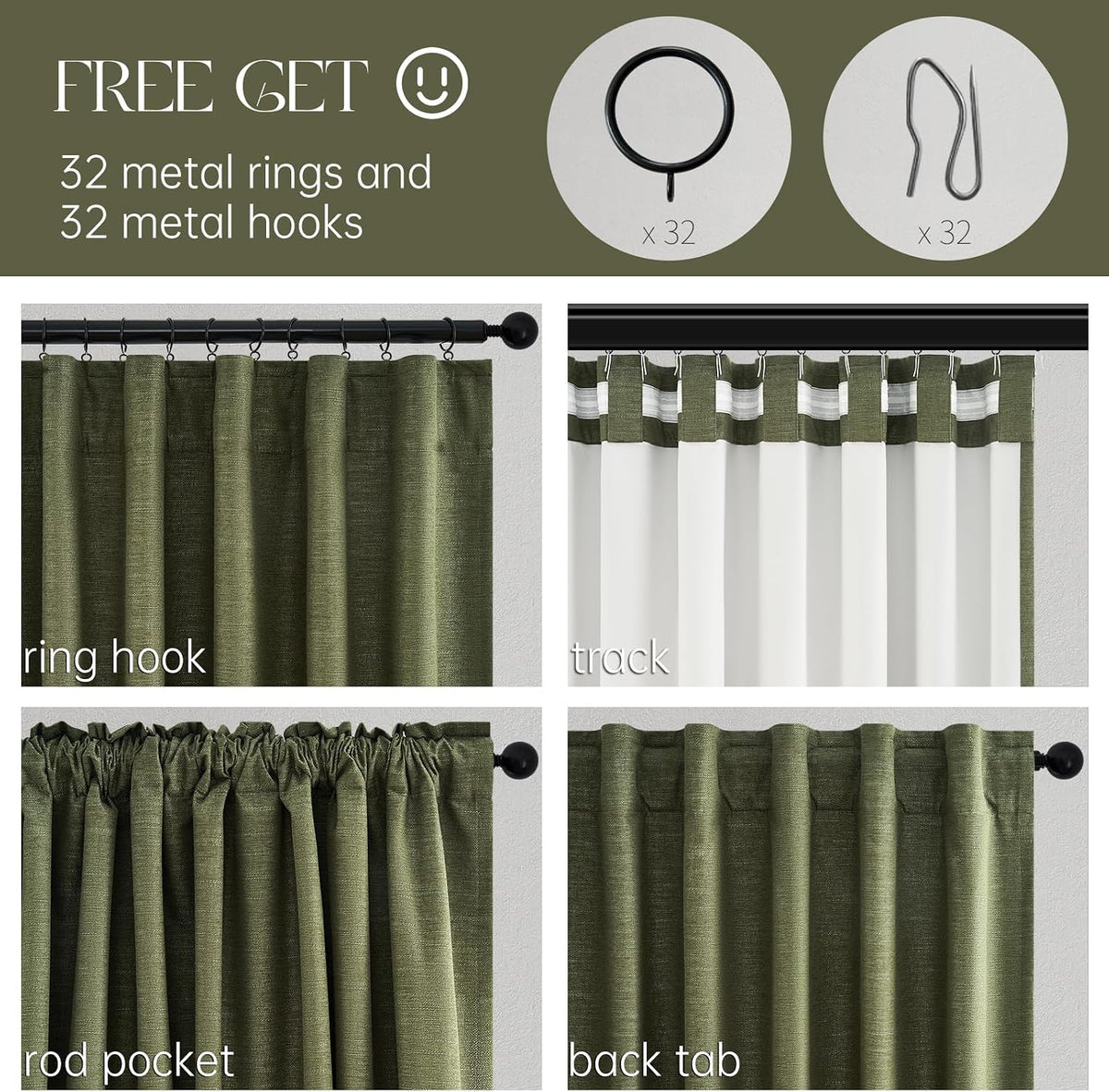 Topfinel Olive Green Linen Blackout Curtains 84 Inch Long for Living Room, Pinch Pleated Drape with Hooks Back Tab Boho Decor, Olive Forest…