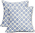 Blue Floral Pillow Covers 24x24 Inch Set of 2, Vintage Flower Block Print Pattern Decorative Throw Pillowcases Outdoor Farmhouse Cushion…