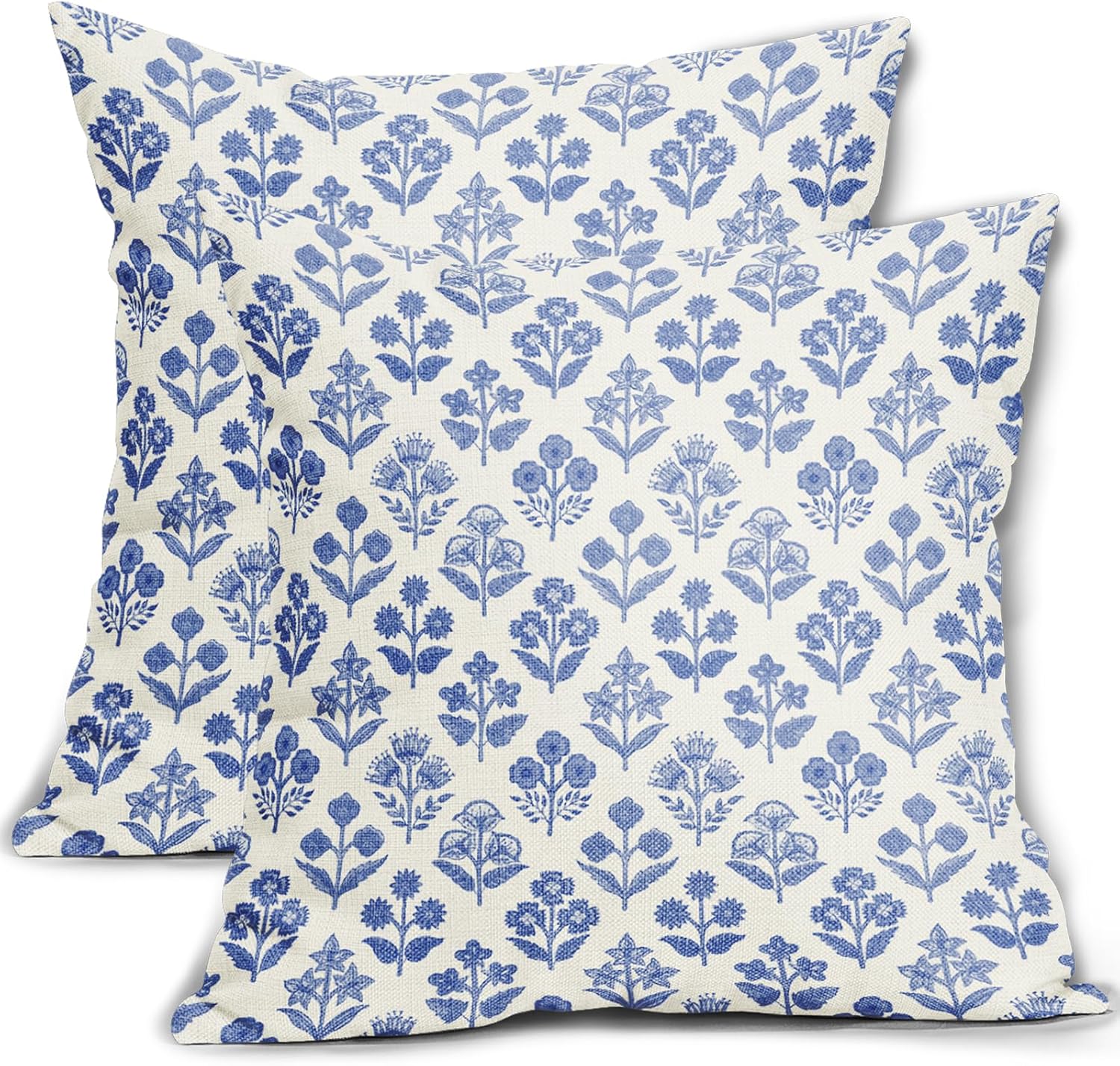 Blue Floral Pillow Covers 24x24 Inch Set of 2, Vintage Flower Block Print Pattern Decorative Throw Pillowcases Outdoor Farmhouse Cushion…