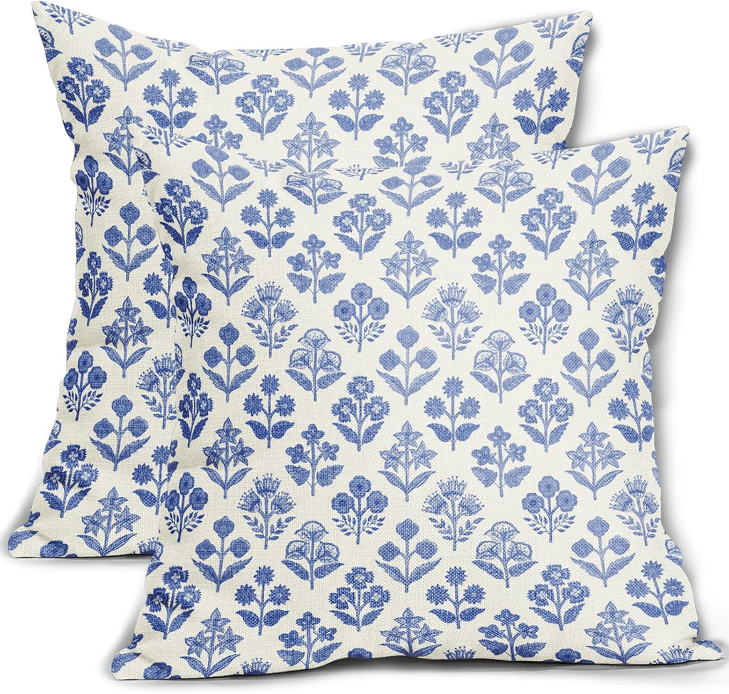 Blue Floral Pillow Covers 22x22 Inch Set of 2, Vintage Flower Block Print Pattern Decorative Throw Pillowcases Outdoor Farmhouse Cushion…