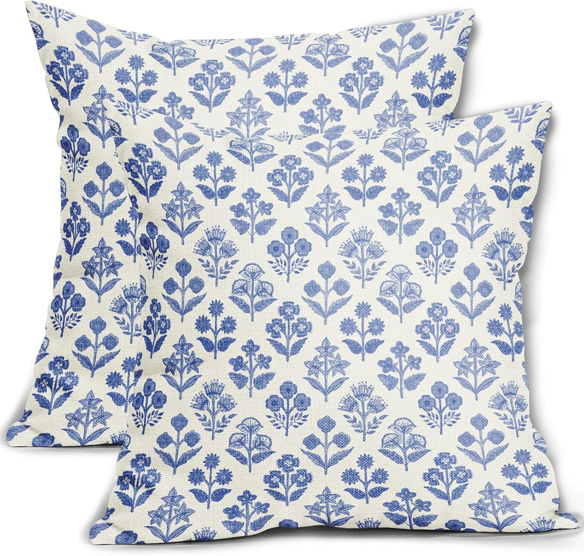 Blue Floral Pillow Covers 22x22 Inch Set of 2, Vintage Flower Block Print Pattern Decorative Throw Pillowcases Outdoor Farmhouse Cushion…