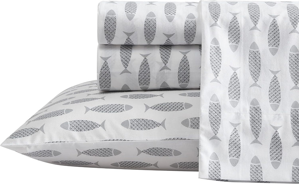 Nautica Full Size Sheet Sets, Cotton Percale Bedding Set, Crisp & Cool, Coastal Home Decor (Woodblock Fish Grey, Full) Cotton Grey