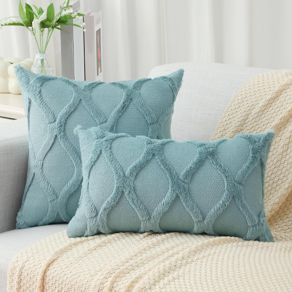 decorUhome Summer Throw Pillow Covers 16x16 Inch Set of 2, Soft Plush Faux Fur Wool Aqua Accent Couch Pillow Covers for Modern Farmhouse Be…