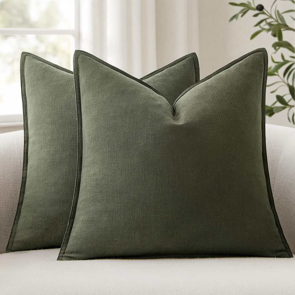 Anroduo Pack of 2 Decorative Linen Pillow Covers Rifle Green Euro Sham Neutral Farmhouse Boho Soild Cushion Case Soft Accent Pillowcase for…