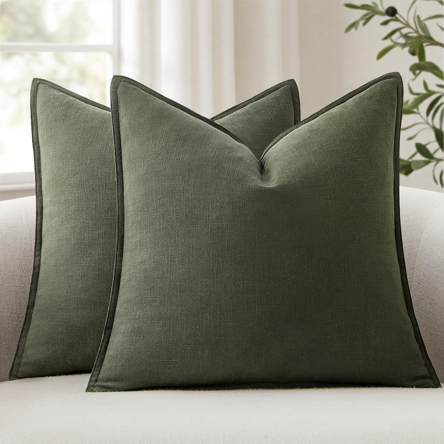 Anroduo Pack of 2 Decorative Linen Pillow Covers Rifle Green Euro Sham Neutral Farmhouse Boho Soild Cushion Case Soft Accent Pillowcase for…