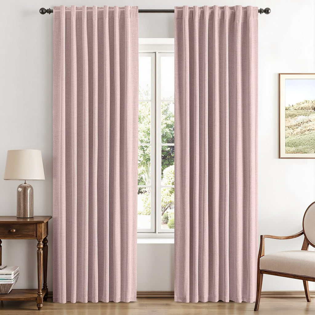 Miulee 100% Blackout Linen Curtains for Bedroom, Pink Solid Luxury Decor Thermal Insulation Room Darkening Drapes for Living Room Nursery B…