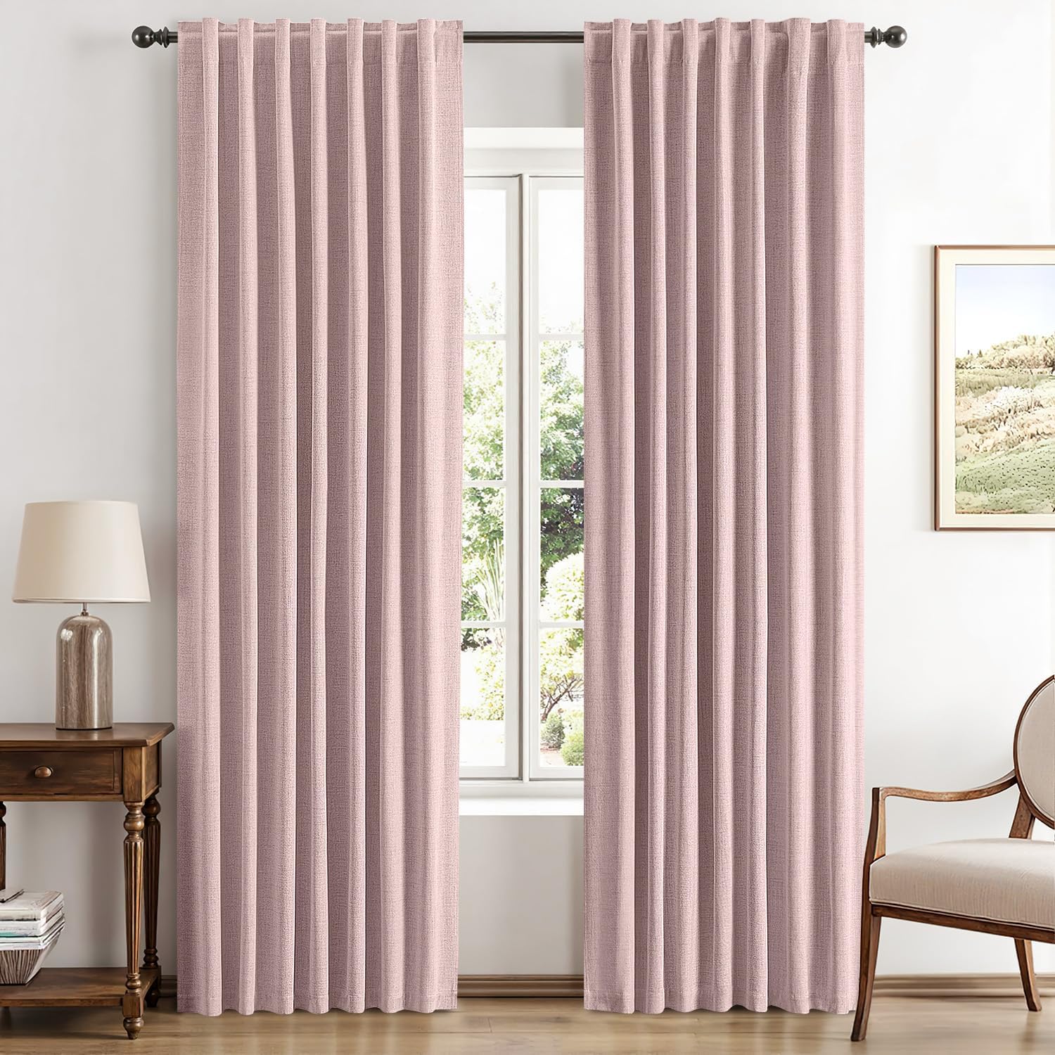 Miulee 100% Blackout Linen Curtains for Bedroom, Pink Solid Luxury Decor Thermal Insulation Room Darkening Drapes for Living Room Nursery B…