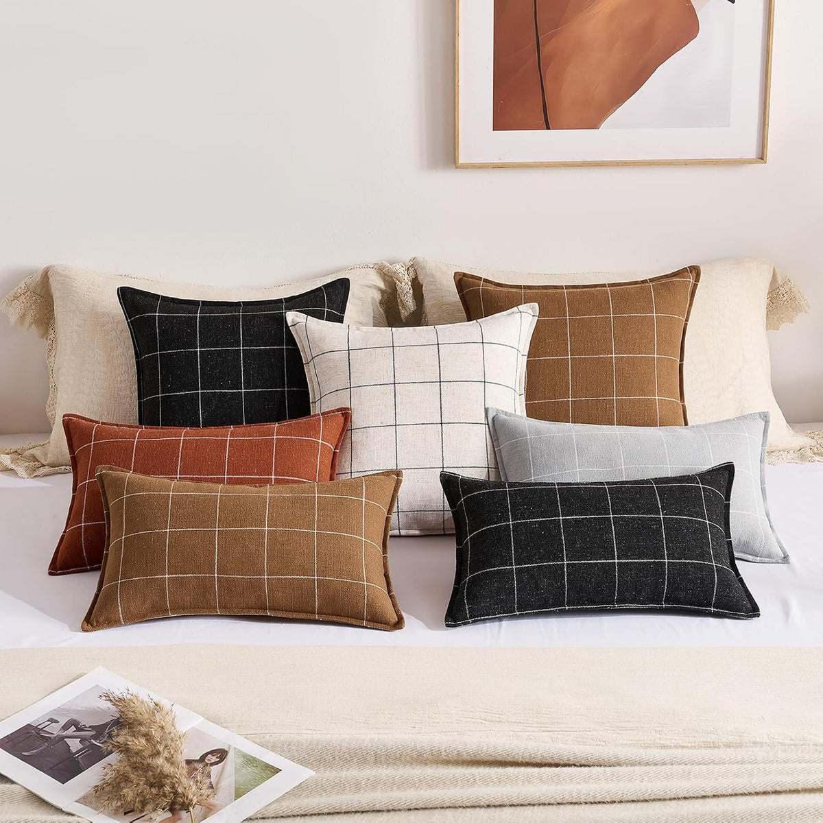 Terracotta Lumbar Plaid Throw Pillow Covers 12x20 Set of 2, Farmhouse Retro Decor 12 x 20 Rust Throw Pillows, Cottage Decor Boho Couch…