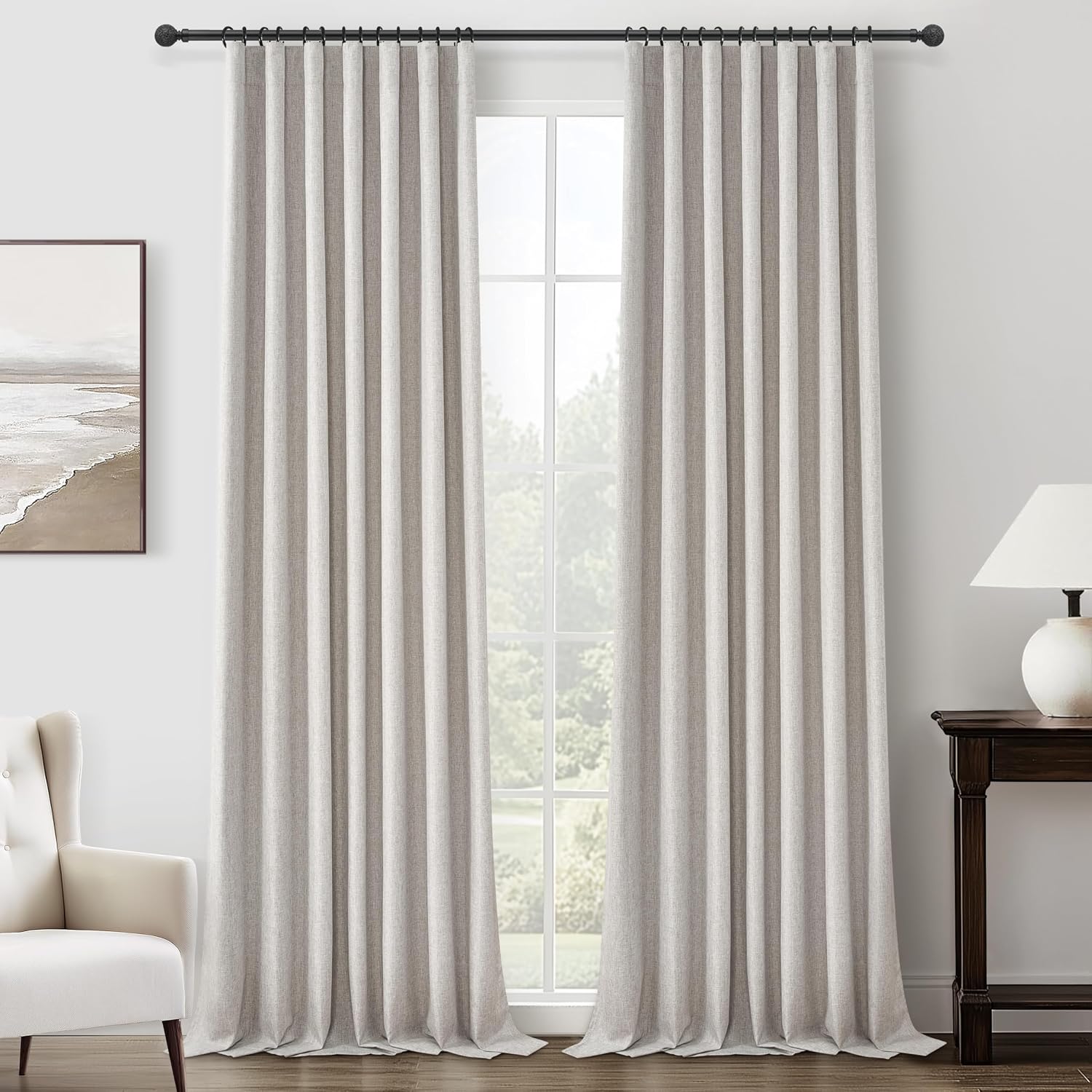 Qjmydeco Pleat Linen Blend Room Darkening Extra Long Curtains 120 Inch Length 2 Panels Set for Living Room, Natural Melange Grey for Bedroo…