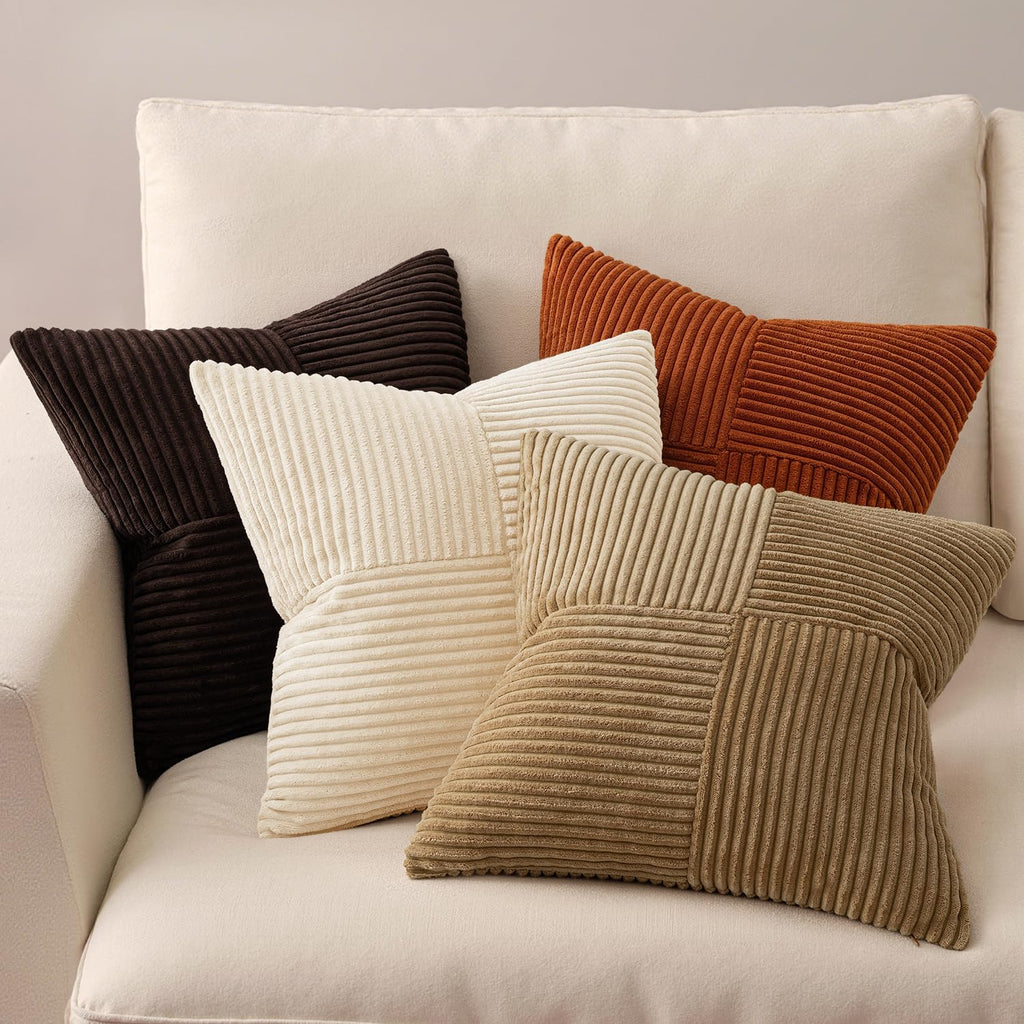 Miulee Brown Beige Throw Pillow Covers 16x16 Inch Set of 4 Boho Farmhouse Cushion Cases for Livingroom Couch Bed Soft Corduroy Pillow Cases…