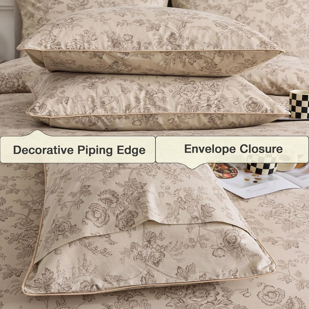 Puralens Beige Floral Duvet Cover, Queen Size 100% Cotton Percale Shabby Flower Patterned Chic Bed Cover Set, Soft Crisp Zipper Reversible…