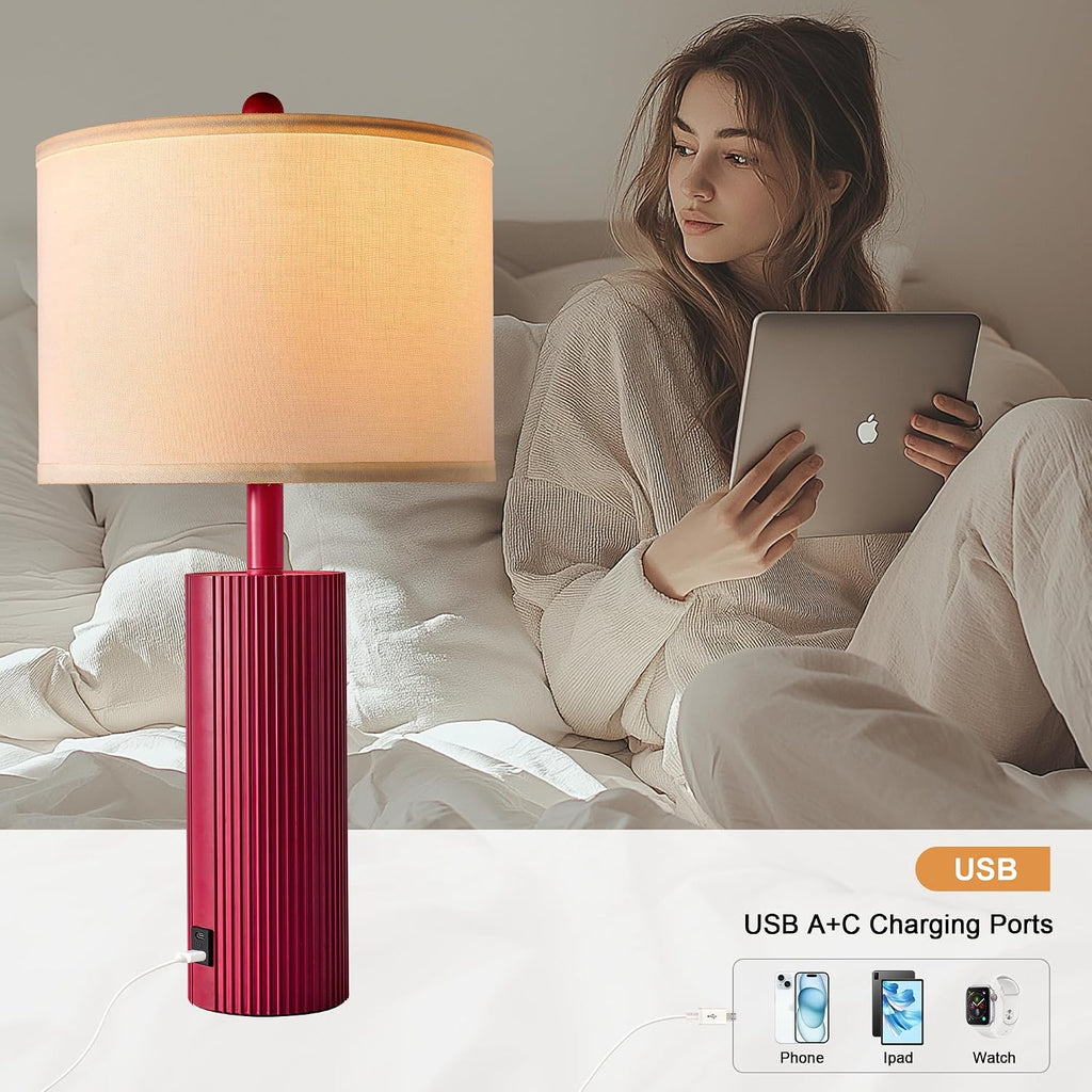 24.5" Red Touch Lamps Set of 2, Modern Living Room Table Lamps with USB C+A Ports, 2 Bulbs Included, Table Light Fixture for Nightstand…