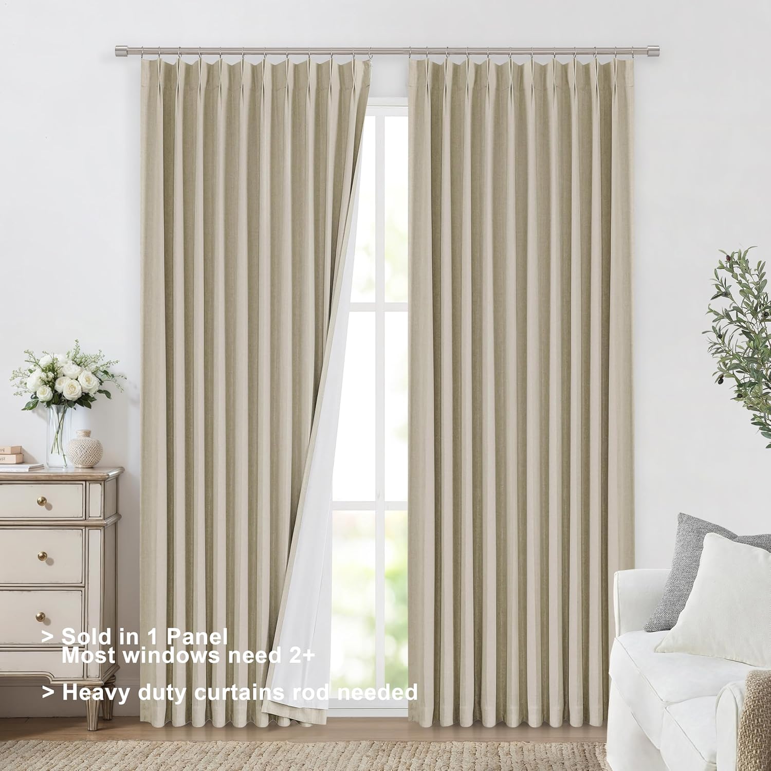 VisionHome Vision Home Sand Pinch Pleated Full Blackout Curtains Linen Blended Room Darkening Window Curtains 112 inch for Living Room Bedr…