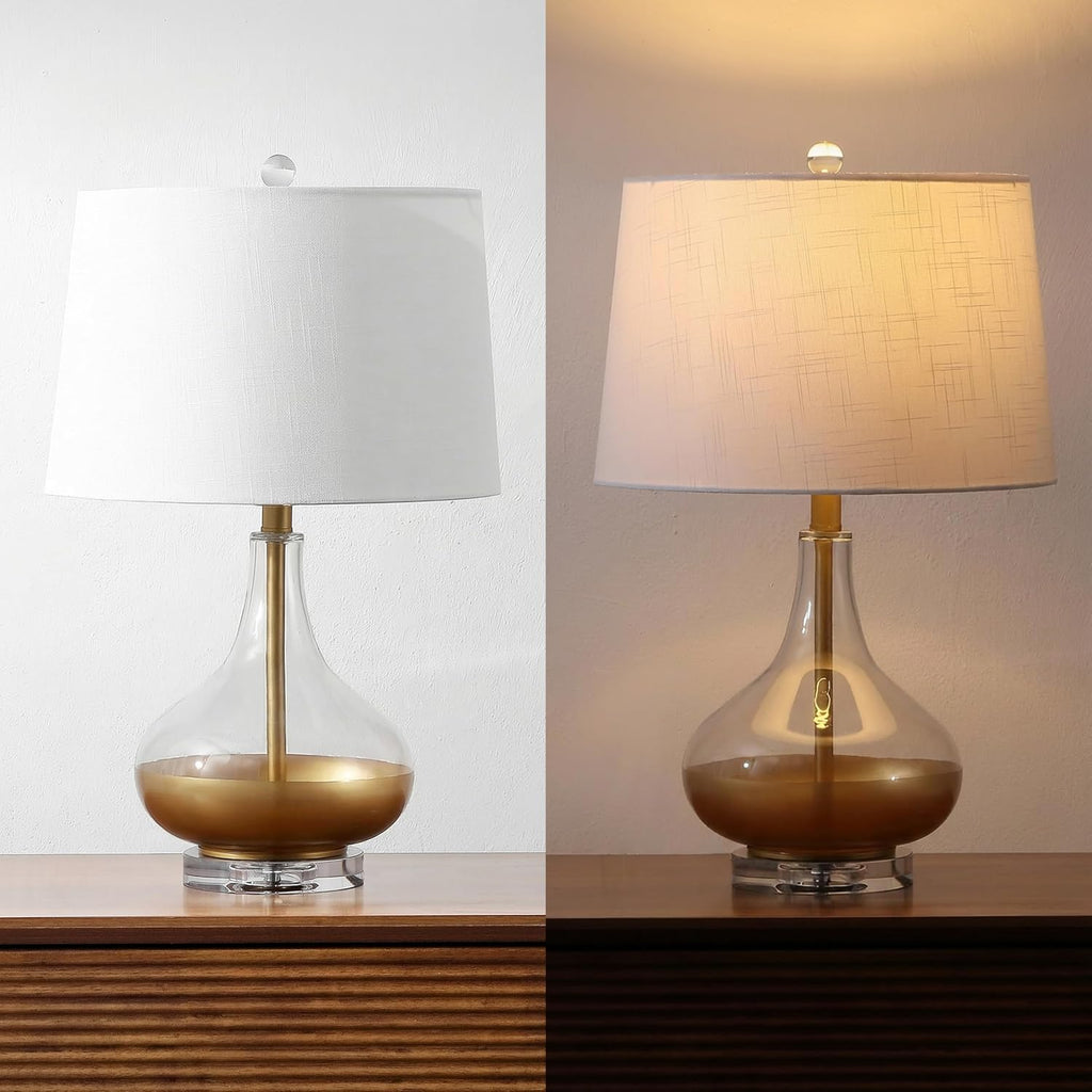 JONATHAN Y 24.5" Gold Painted Glass Table Lamp, Modern Glam Teardrop Nightstand Lamp with White Linen Drum Shade and Crystal Base, UL…