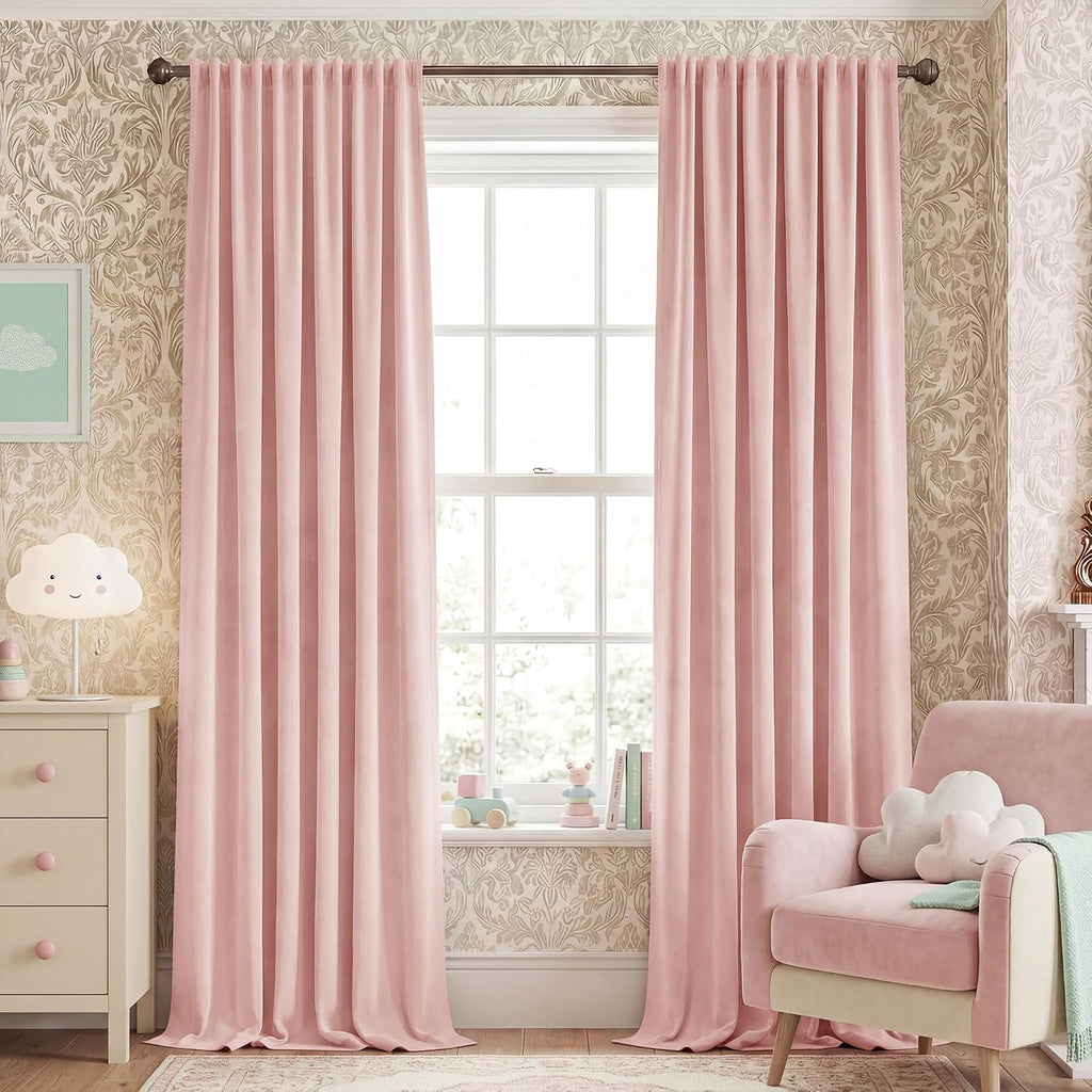 Nicetown Pink Velvet Curtains for Princess Room, Rod Pocket & Back Tab Room Darkening Window Treatments Thermal Drapes Luxury Textured for…