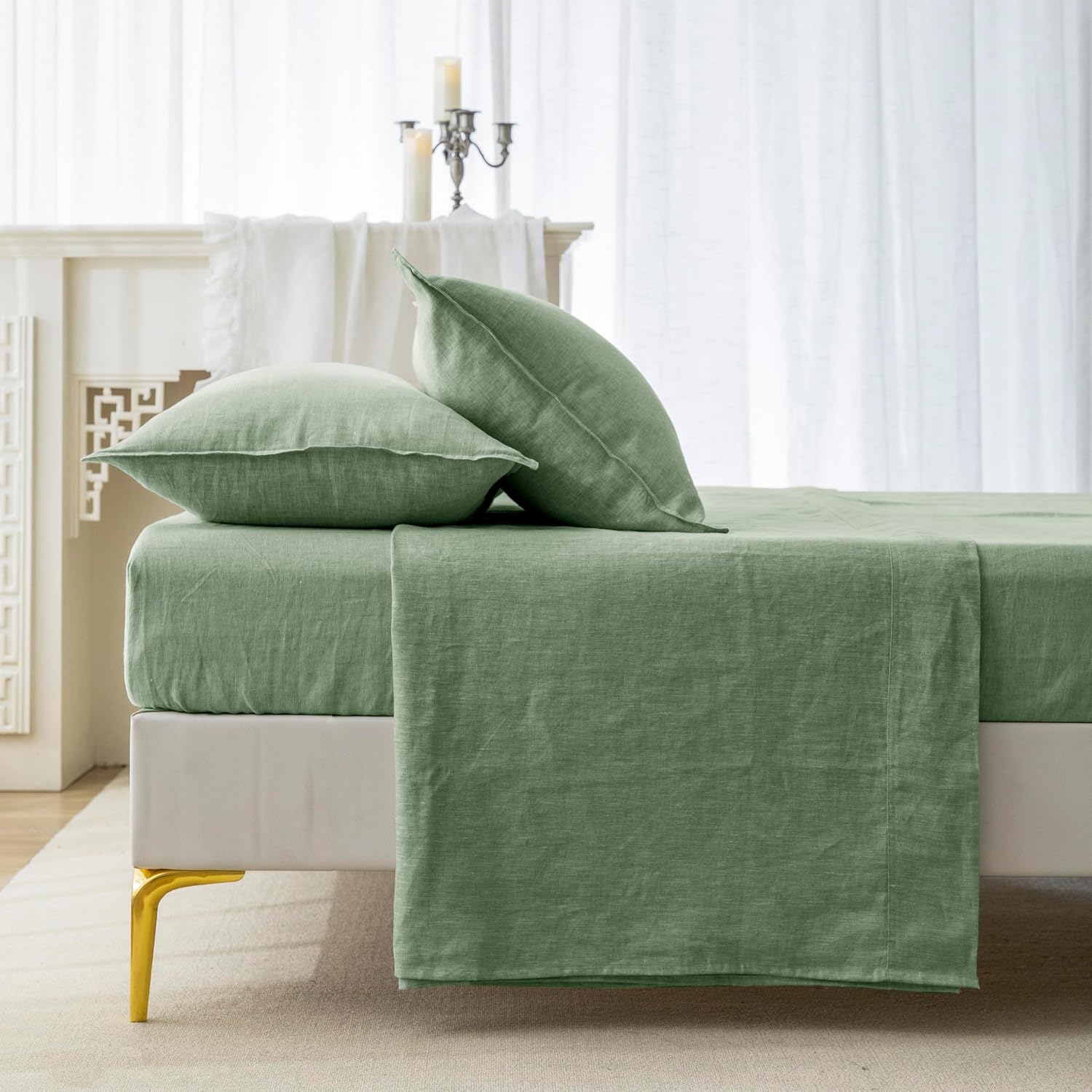 EVERLY 100% Linen Pillowcases Set of 2, Envelope Overlap Closure Natural Washed Flax Standard Queen Size 20x26 Inches - Saga Green