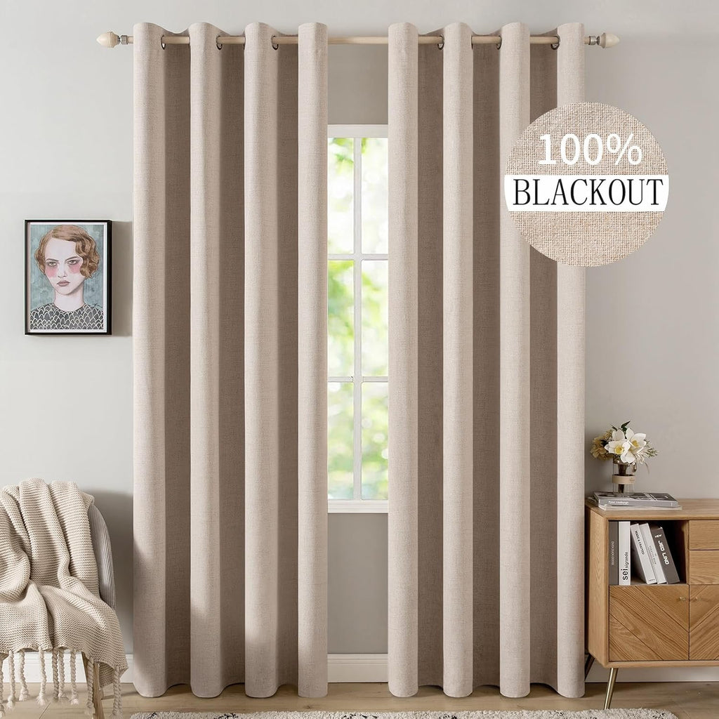 Miulee Linen Textured Curtains Solid 100% Blackout for Bedroom Thermal Insulated Natural Beige Grommet Room Darkening Curtains & Drapes Lux…