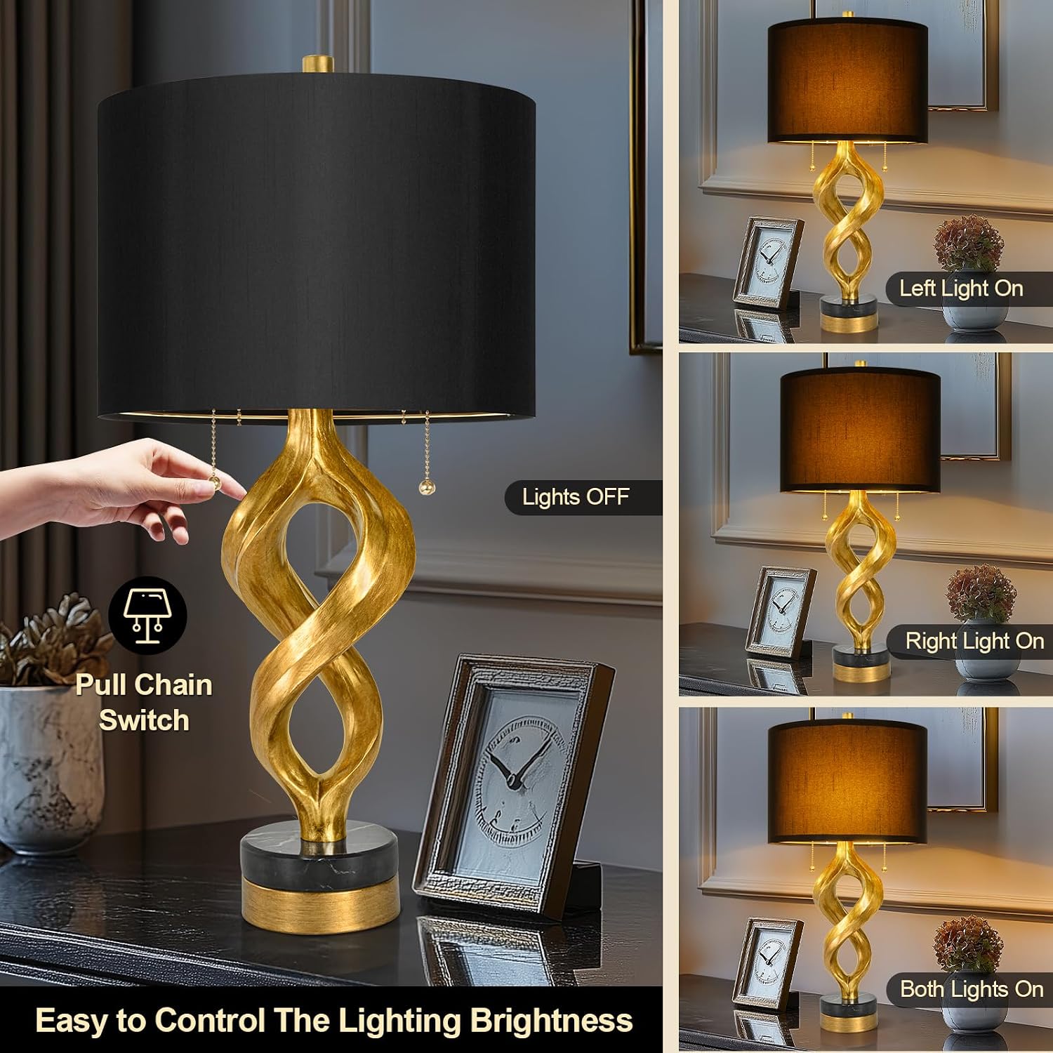 Sculptural Table Lamp Set of 2 for Bedroom, 26” Gold Leaf Farmhouse Bedside Lamps for Living Room, Pull Chains Switch Rustic Nightstand…