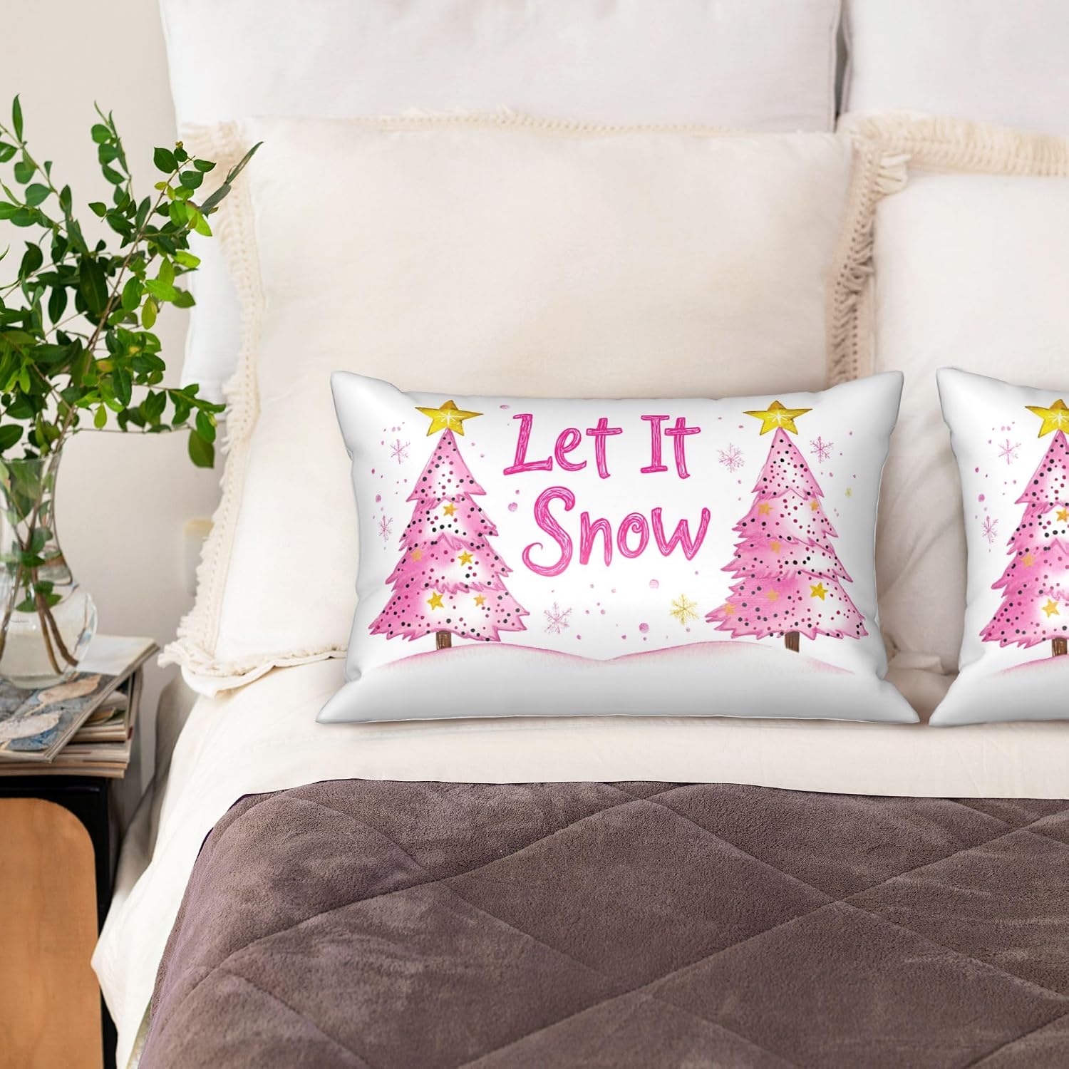 Pink Xmas Trees with Gold Stars Imitation Silk Pillowcase for Hair and Skin Let It Snow 1 Pack Satin Queen Pillowcase with Hidden Zipper…
