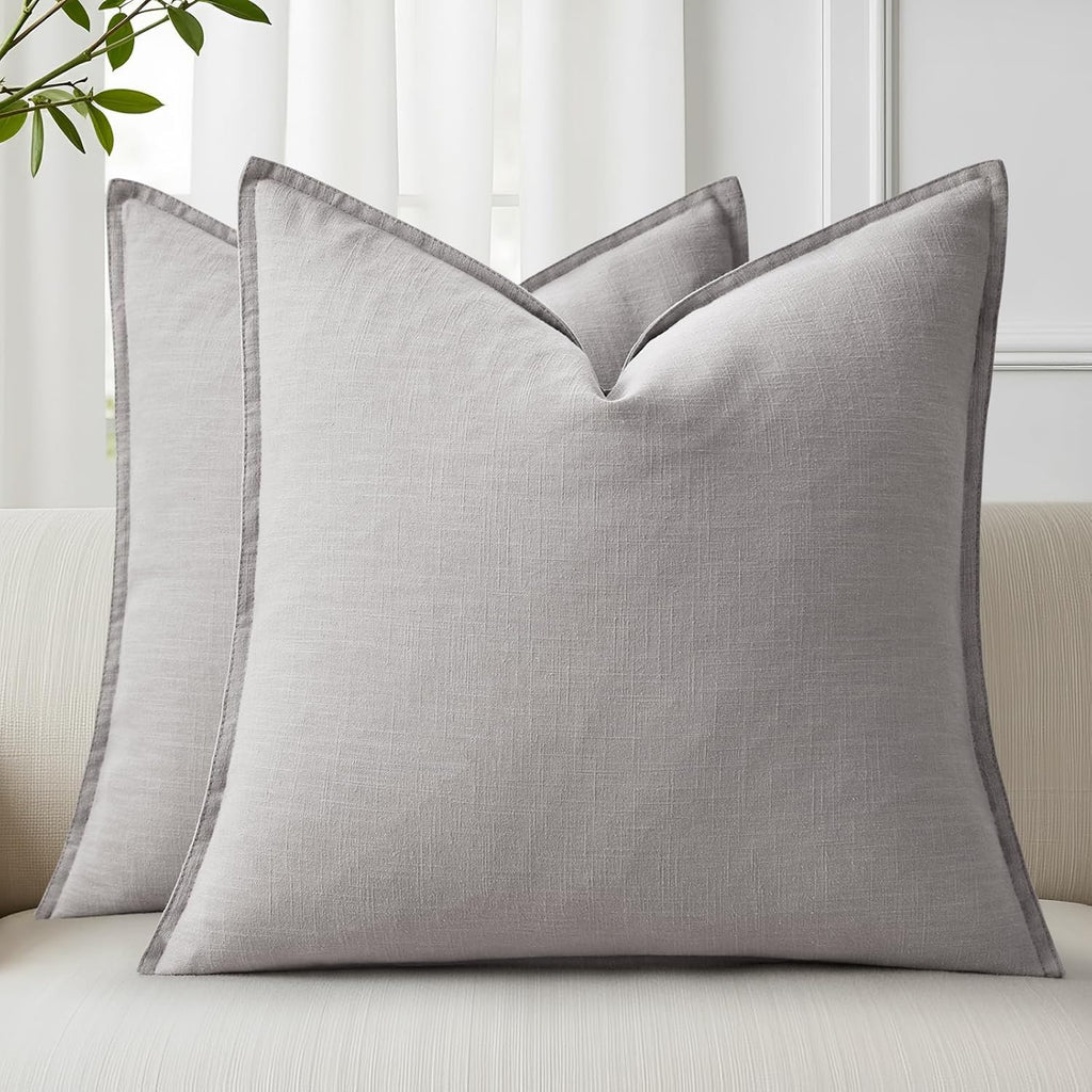 decorUhome Summer Decorative Linen Euro Sham Throw Pillow Covers 26x26 Inch Set of 2 Light Grey Pillow Covers with Flange Edges Soft Farmho…