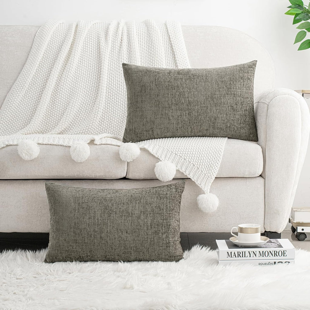 Hwy50 HWY 50 Dark Gray Lumbar Pillow Covers 12x20 Inch Pack of 2, Soft Chenille Decorative Throw Pillow Covers Farmhouse for Couch Sofa Liv…