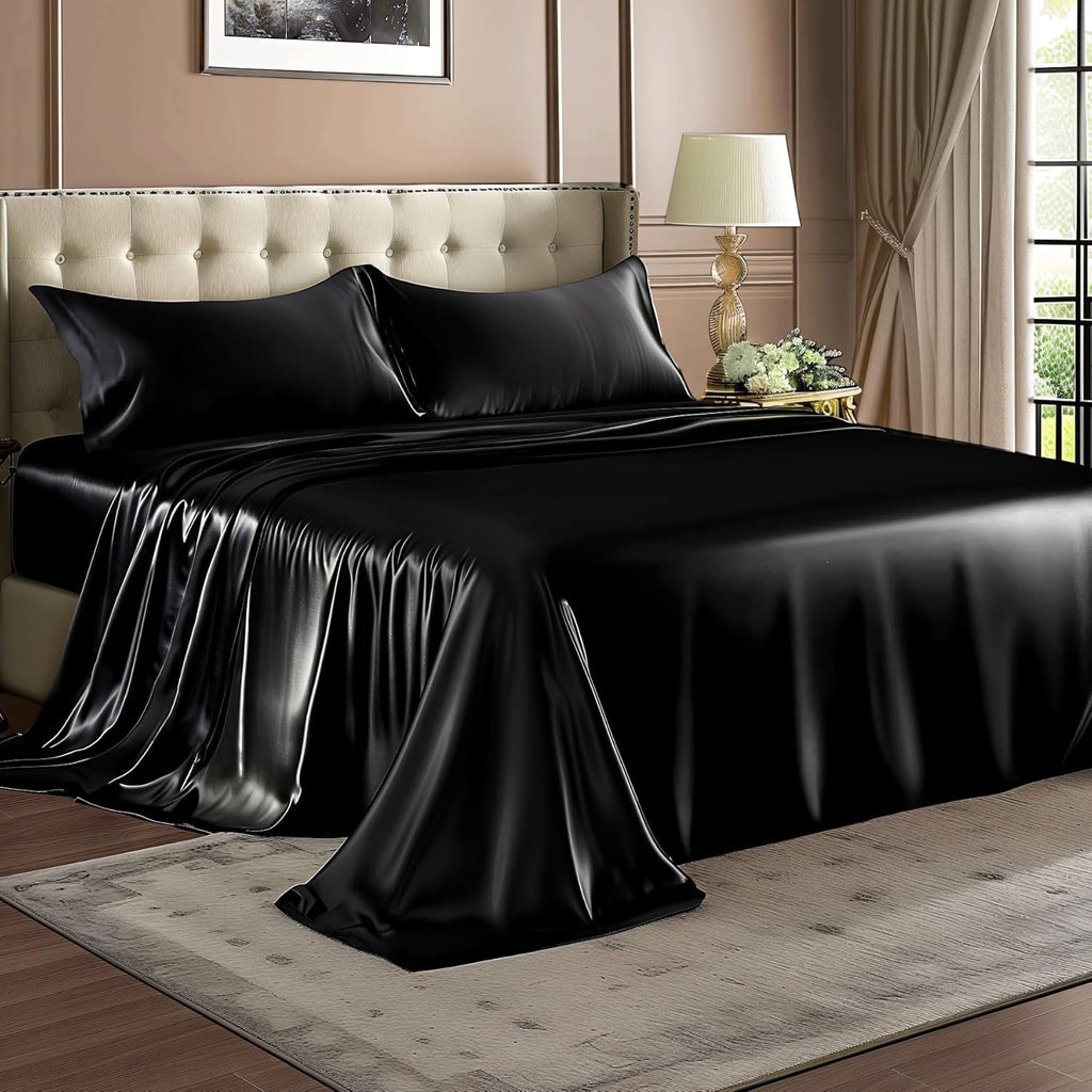 Bedelite Satin Sheets Queen Size Bed Set, Luxury Soft Black Silky Sheets for Hair and Skin, Similar to Silk Bed Sheets Set 4 Pieces with 1…