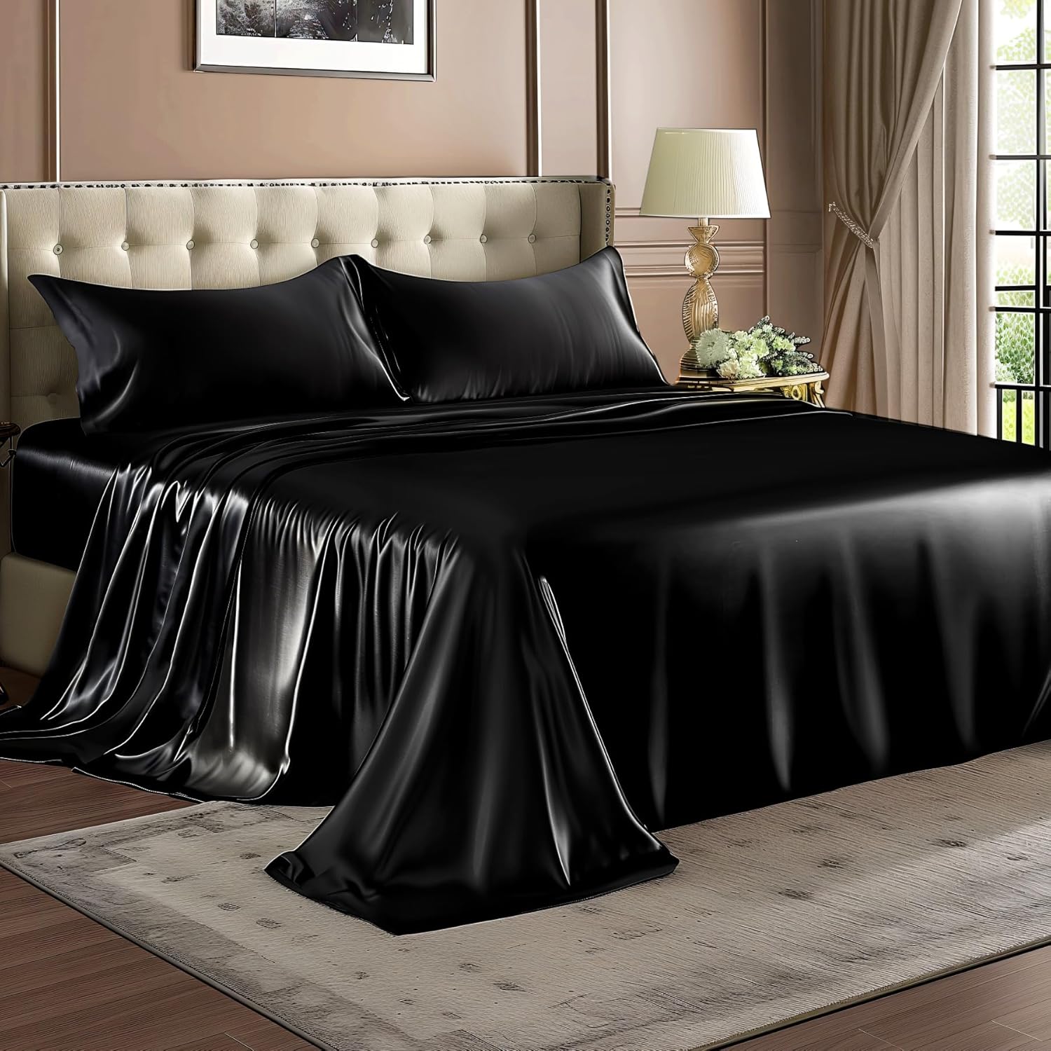 Bedelite Satin Sheets Queen Size Bed Set, Luxury Soft Black Silky Sheets for Hair and Skin, Similar to Silk Bed Sheets Set 4 Pieces with 1…