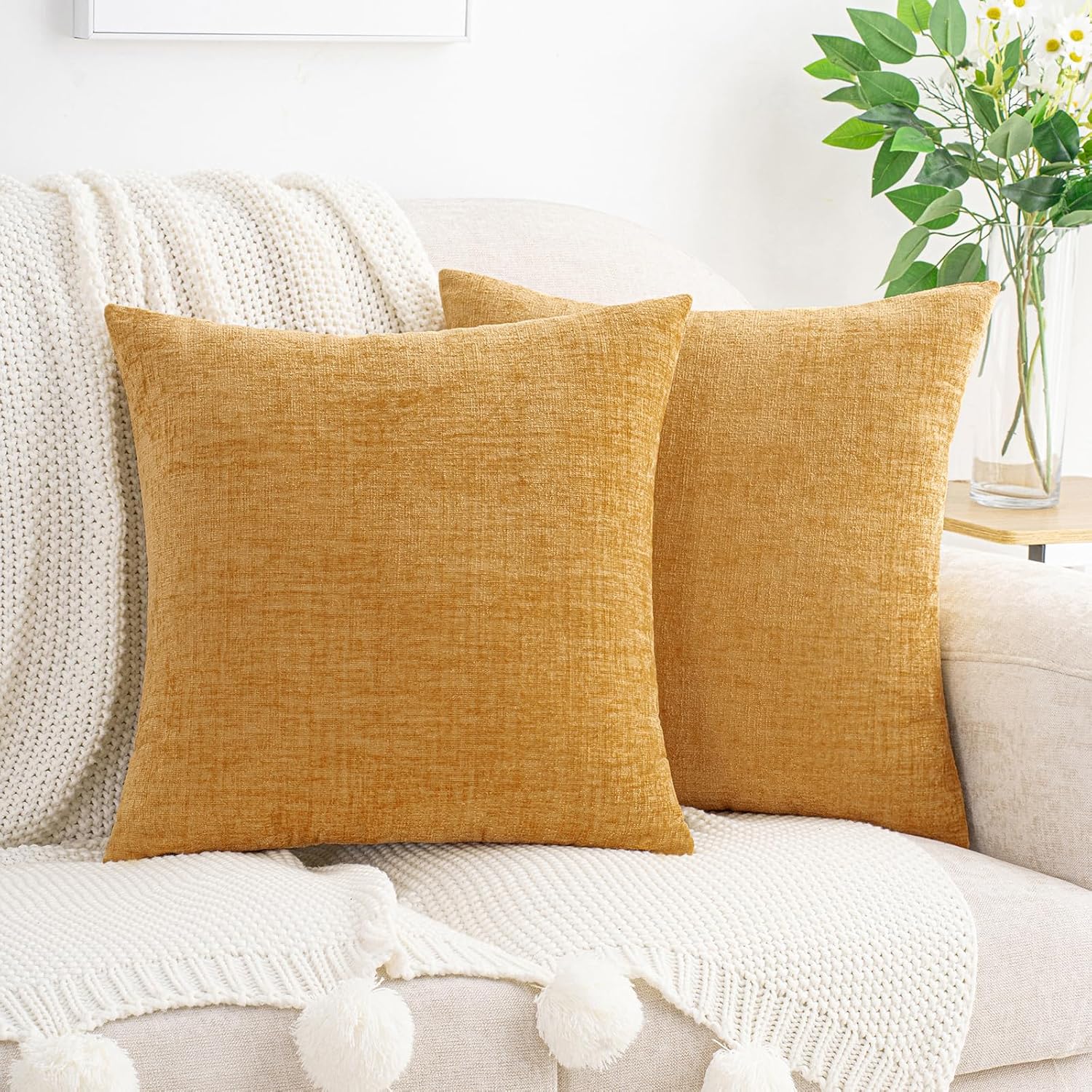 Hwy50 HWY 50 Gold Couch Pillow Covers 20x20 Inch Pack of 2, Soft Chenille Decorative Throw Pillow Cases Farmhouse for Sofa Living Room Bed…