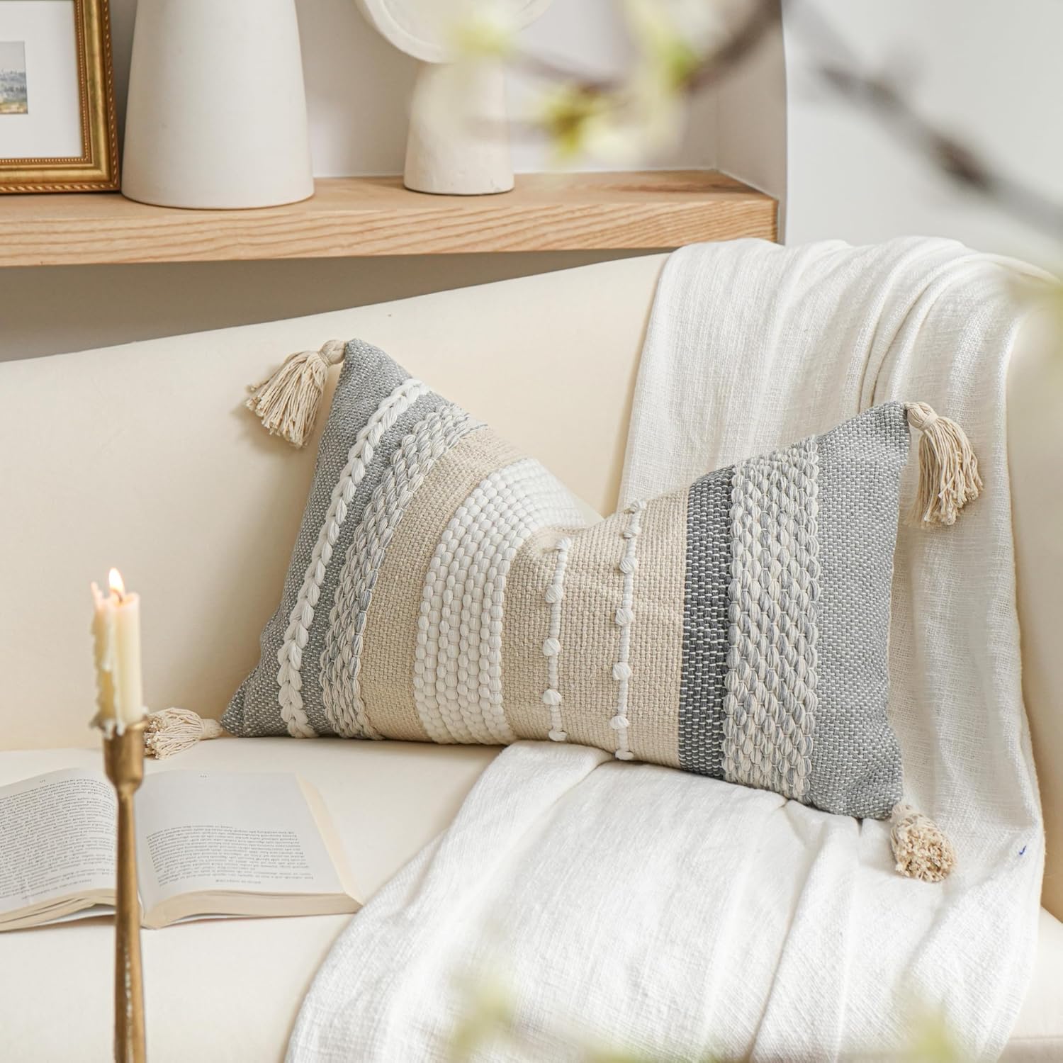 BlissBlush Decorative Lumbar Throw Pillow Cover 14x24 Boho Gray Accent Cushion for Couch Sofa Farmhouse Pillowcase for Bedroom Living…