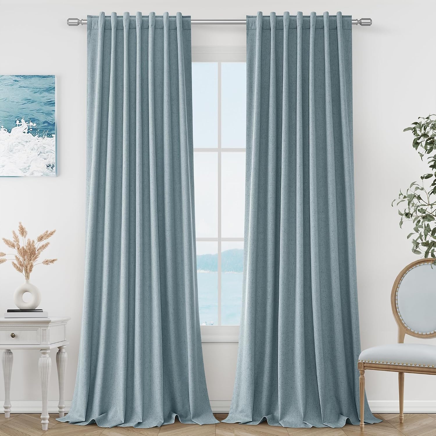Guken Blue 100% Blackout Linen Curtains 102 Inch Length 2 Panels Set for Living Room Bedroom Back Tab Rod Pocket Thermal Insulated Black Ou…