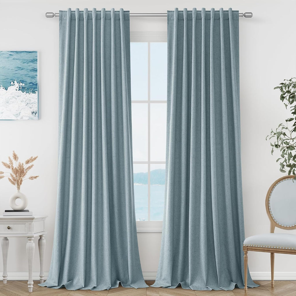 Guken Blue 100% Blackout Linen Curtains 84 Inch Length 2 Panels Set for Living Room Bedroom Back Tab Thermal Insulated Black Out Drapes Roo…