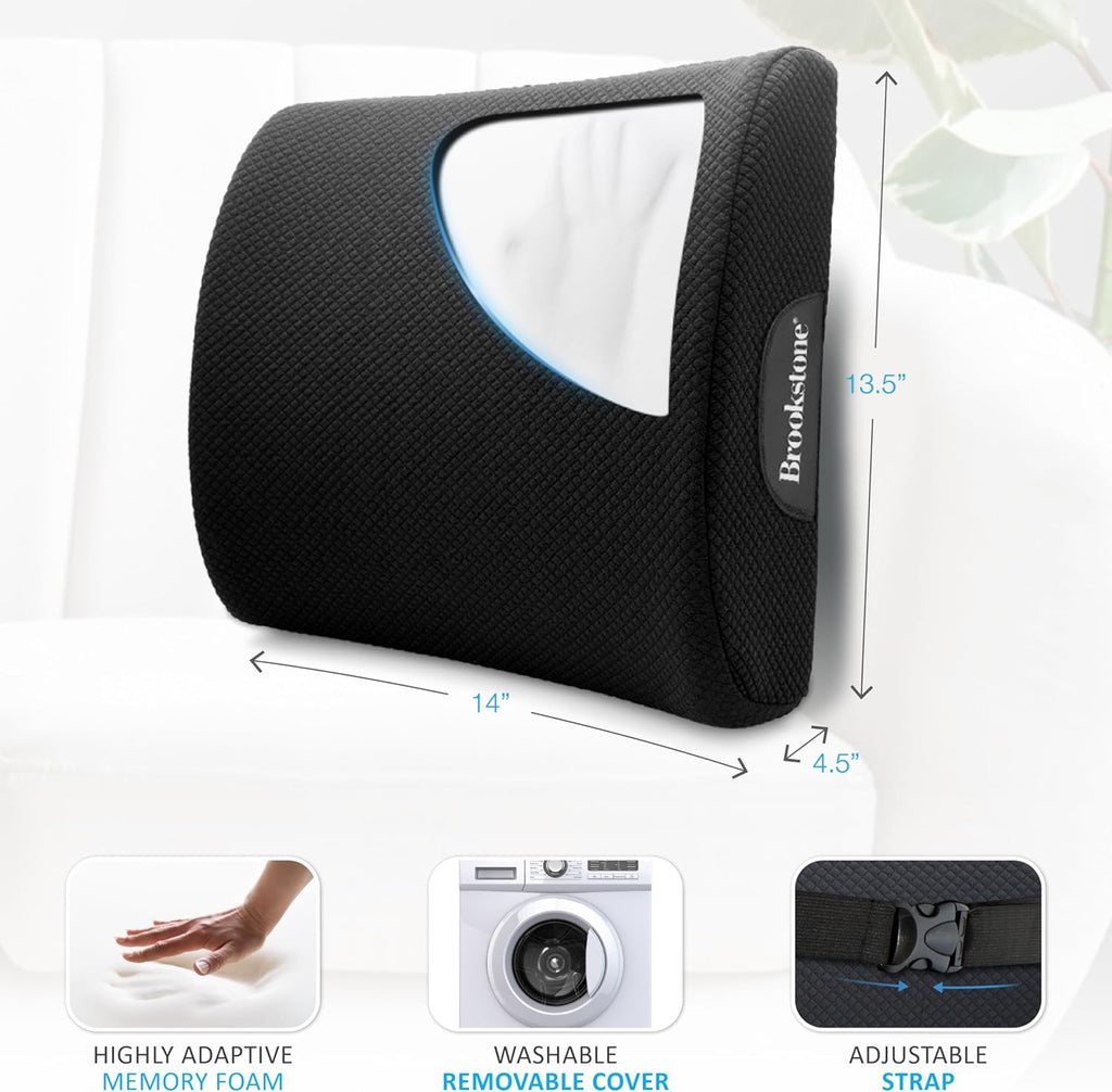 Brookstone BK1209 - Luxurious Lumbar Support Pillow for Car or Office Chair, Back Cushion with Premium Grade Memory Foam, Breathable and…