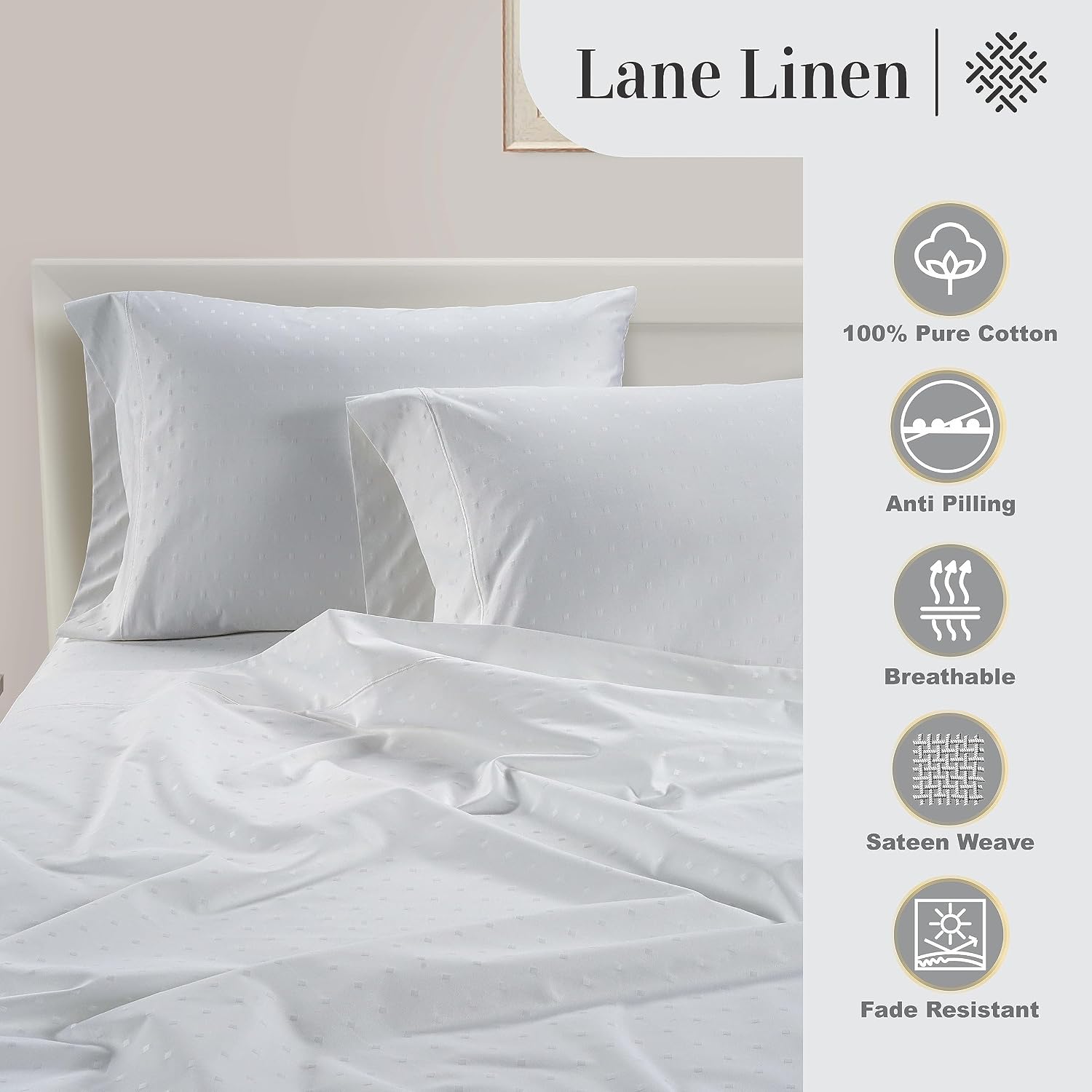 LaneLinen LANE LINEN Pillow Case Covers King, Set of 2, 100% Egyptian Cotton Sateen, Soft Cool & Smooth Pillow Cases - Swiss Dot - White Co…