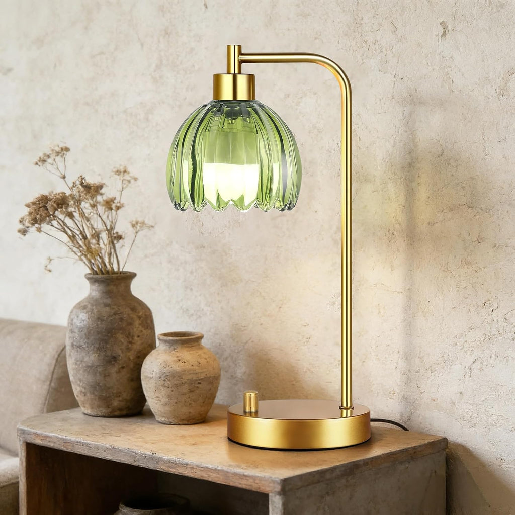 ILLMTW Green Table Lamp Set of 2, Small Glass Bedside Lamps Dimmable Boho Bedroom Lamp with Tulip Flower Lamp Shade, Gold Vintage Mid…